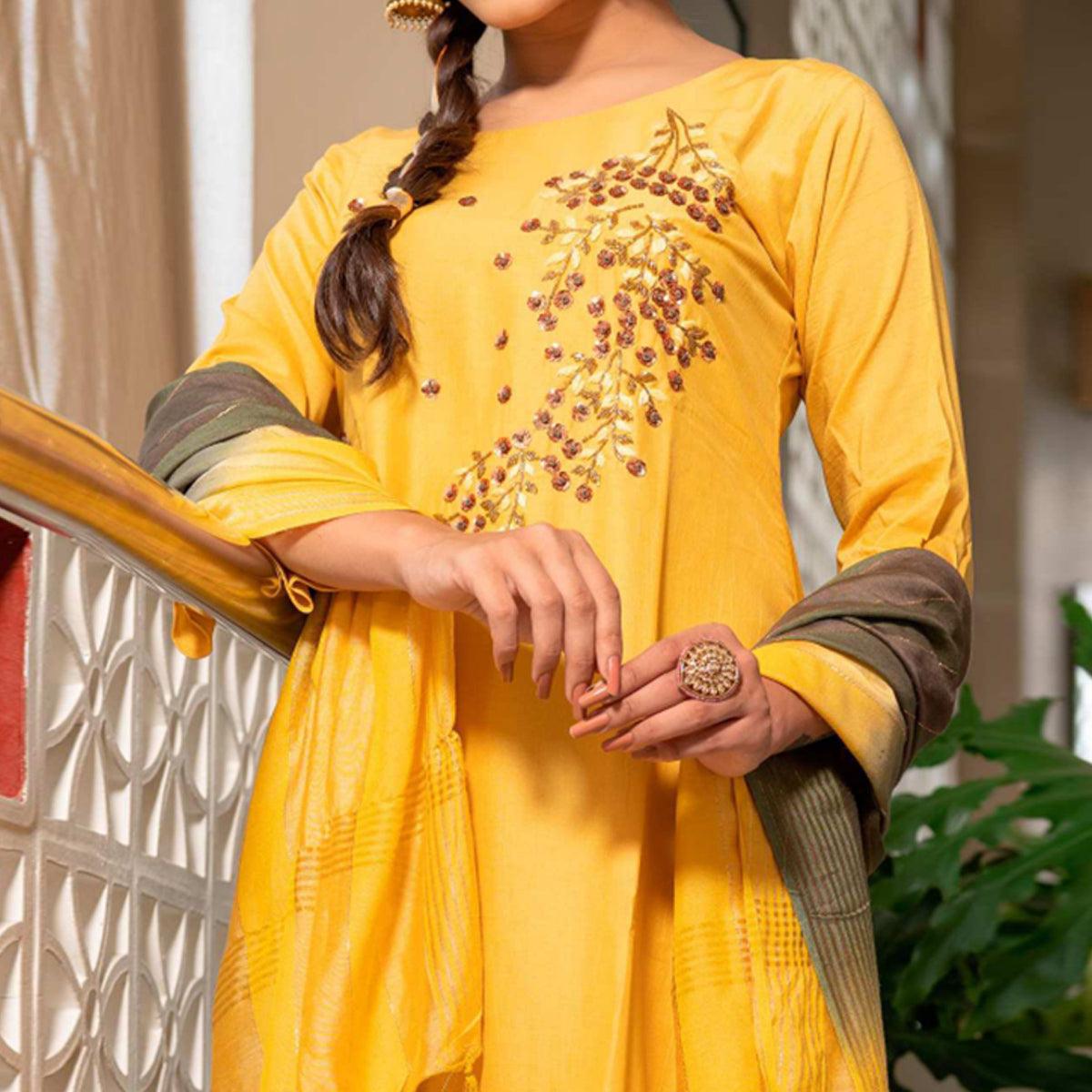 Yellow Partywear Floral Embroidered Georgette Suit - Peachmode