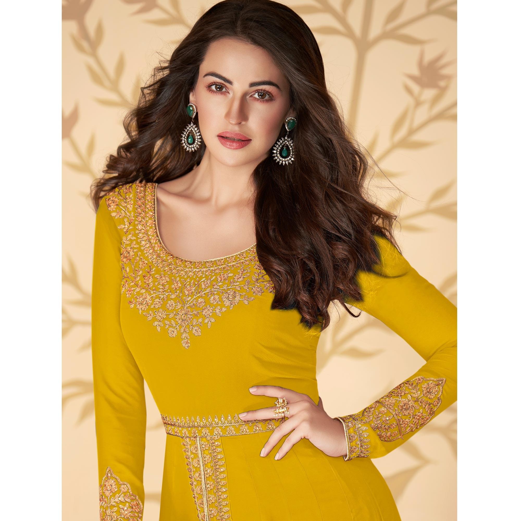 Yellow Partywear Floral Embroidered Georgette Suit - Peachmode