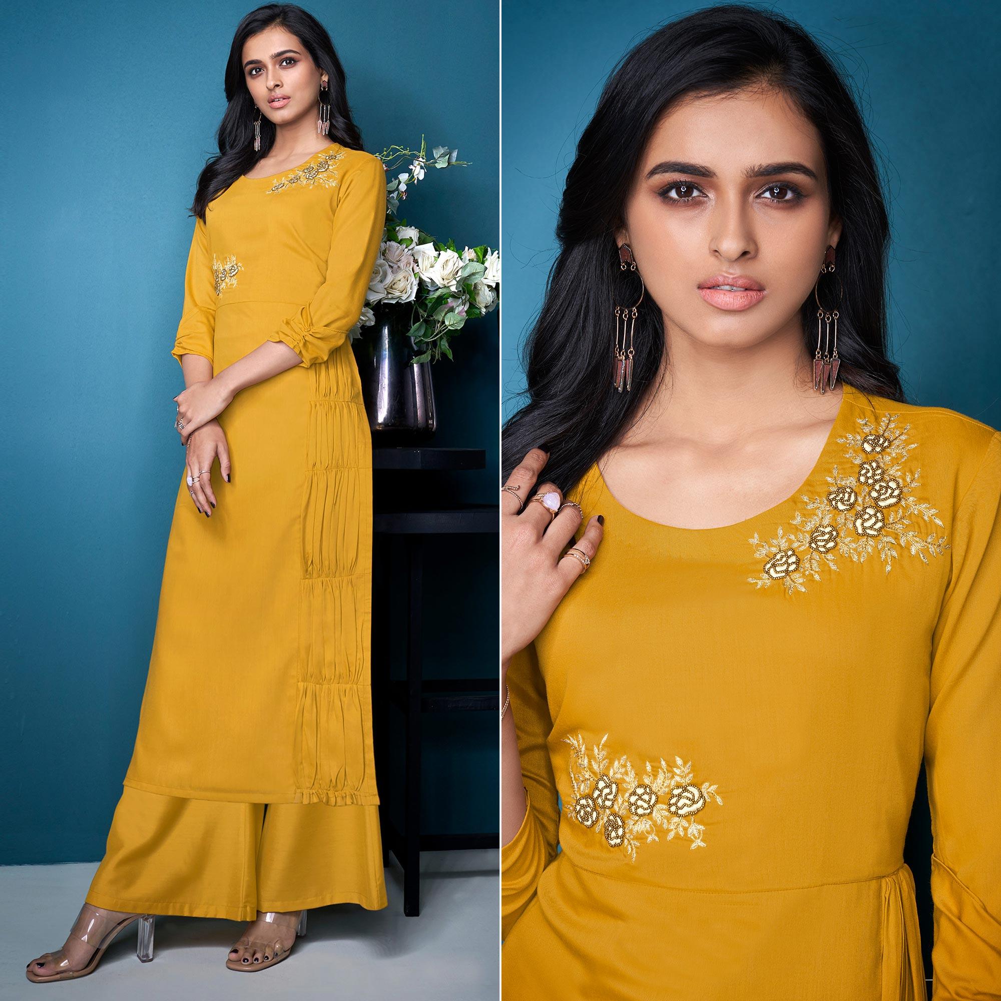 Yellow Partywear Floral Embroidered Handwork Silk Kurti Palazzo Set - Peachmode