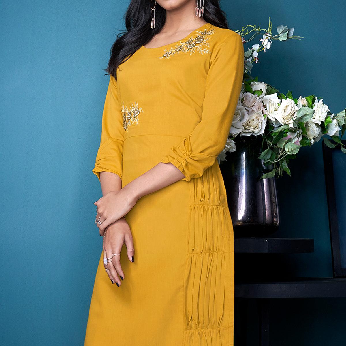 Yellow Partywear Floral Embroidered Handwork Silk Kurti Palazzo Set - Peachmode