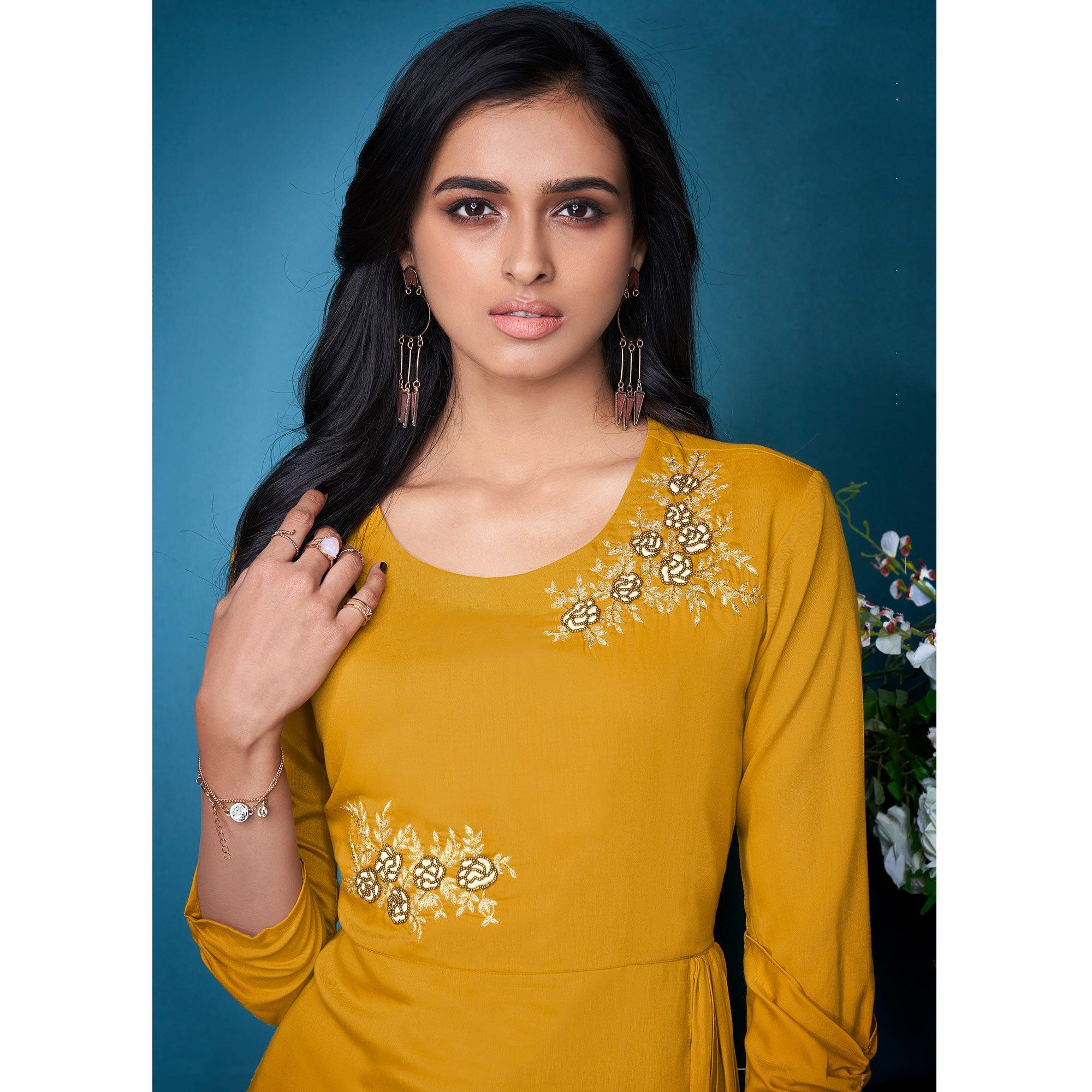 Yellow Partywear Floral Embroidered Handwork Silk Kurti Palazzo Set - Peachmode