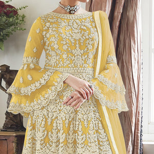 Yellow Partywear Floral Embroidered Net Sharara Suit - Peachmode