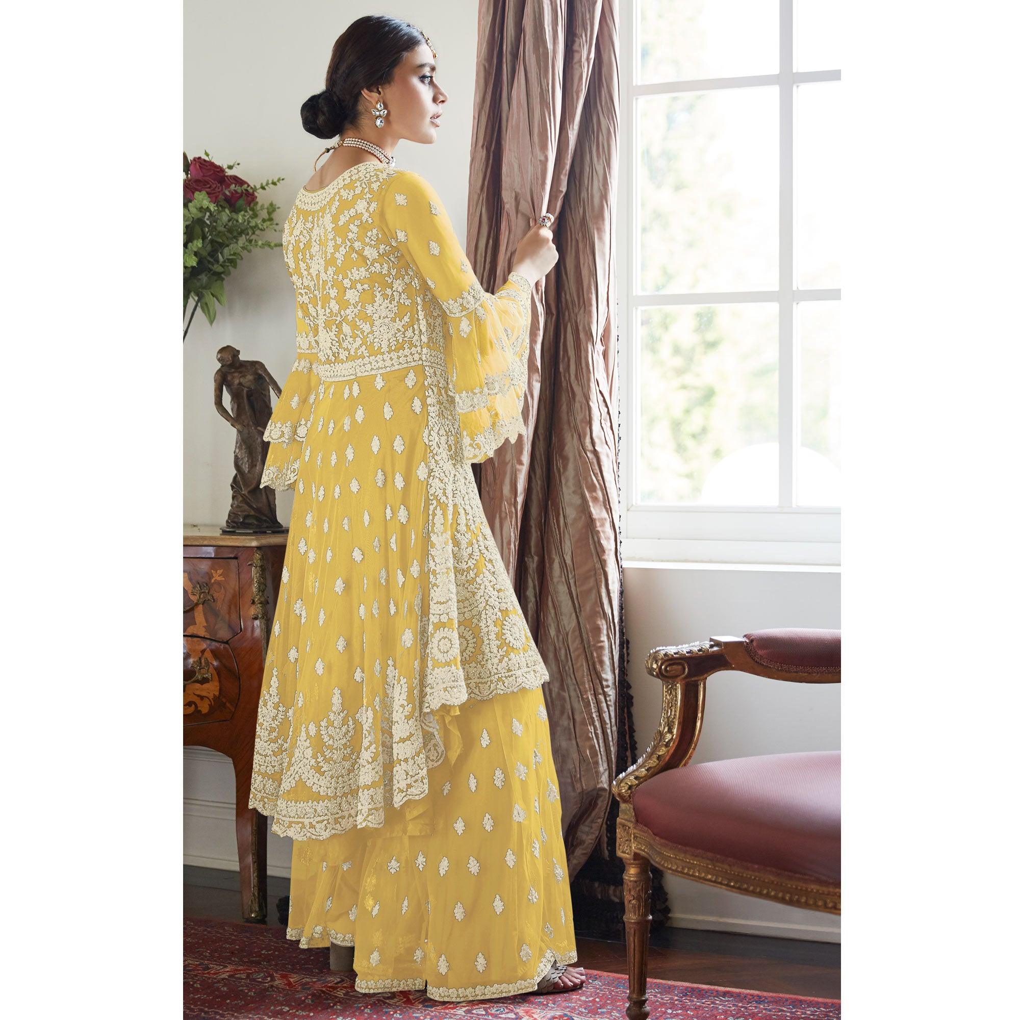Yellow Partywear Floral Embroidered Net Sharara Suit - Peachmode