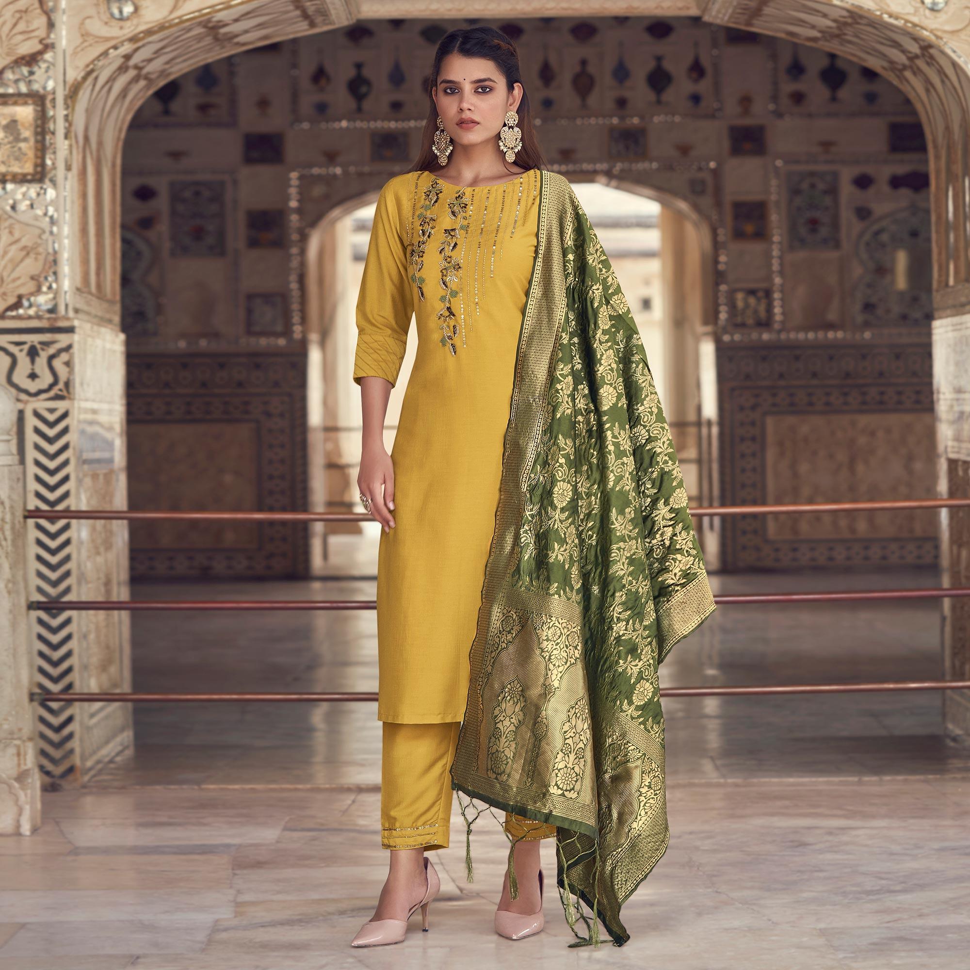 Yellow Partywear Floral Embroidered Silk Suit - Peachmode