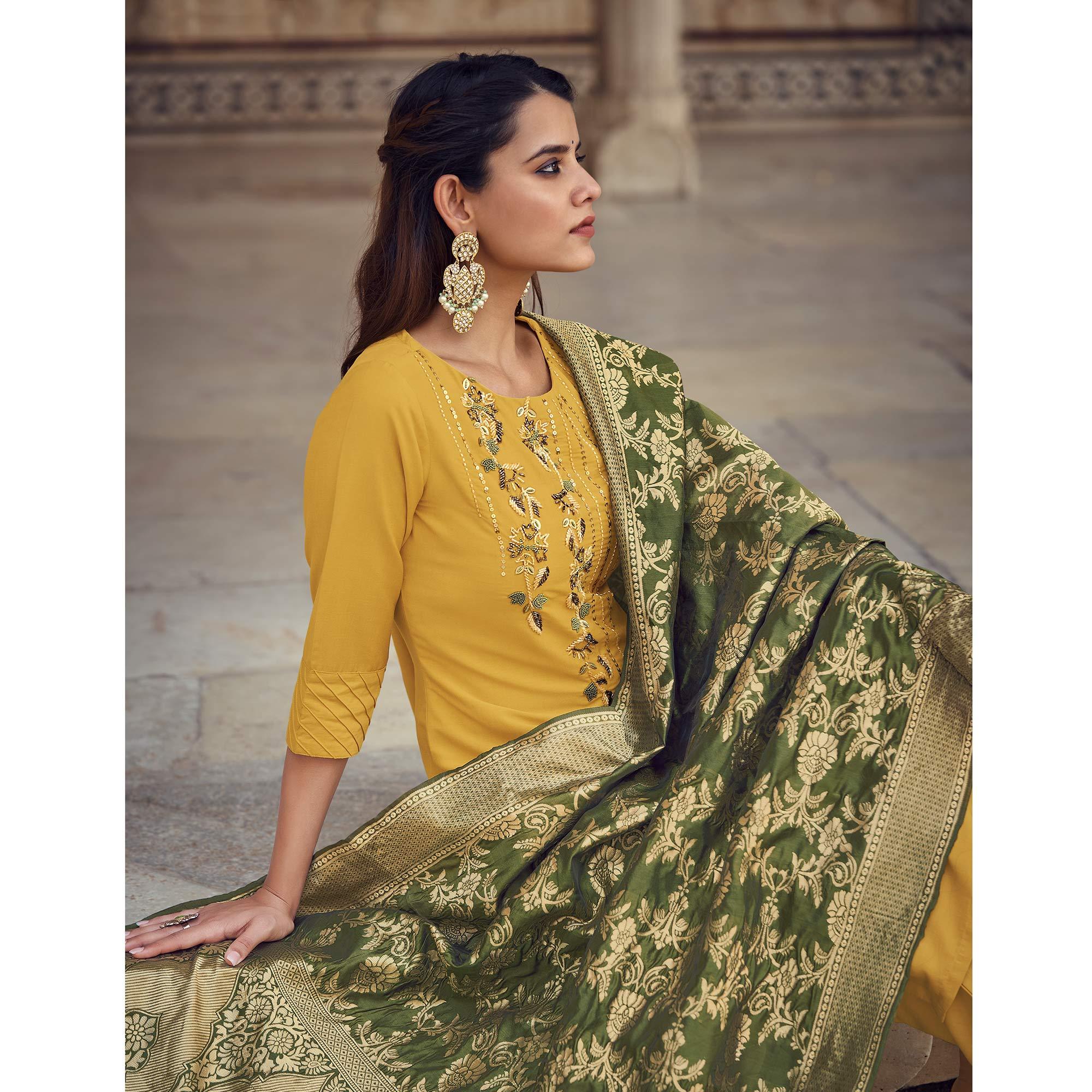Yellow Partywear Floral Embroidered Silk Suit - Peachmode