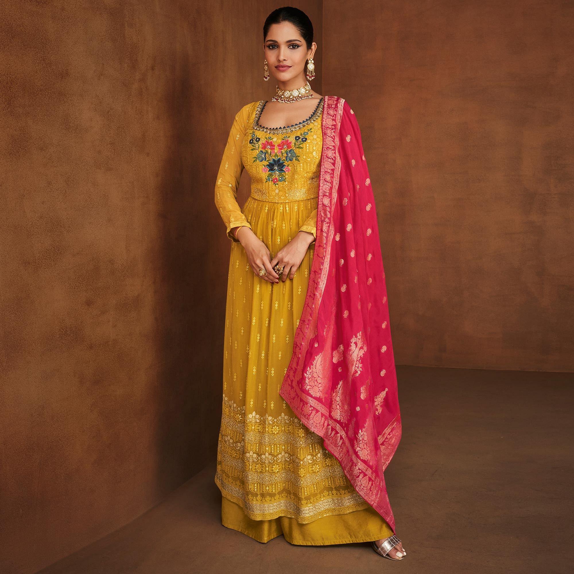 Yellow Partywear Floral Embroidered With Embellished Georgette Suit - Peachmode