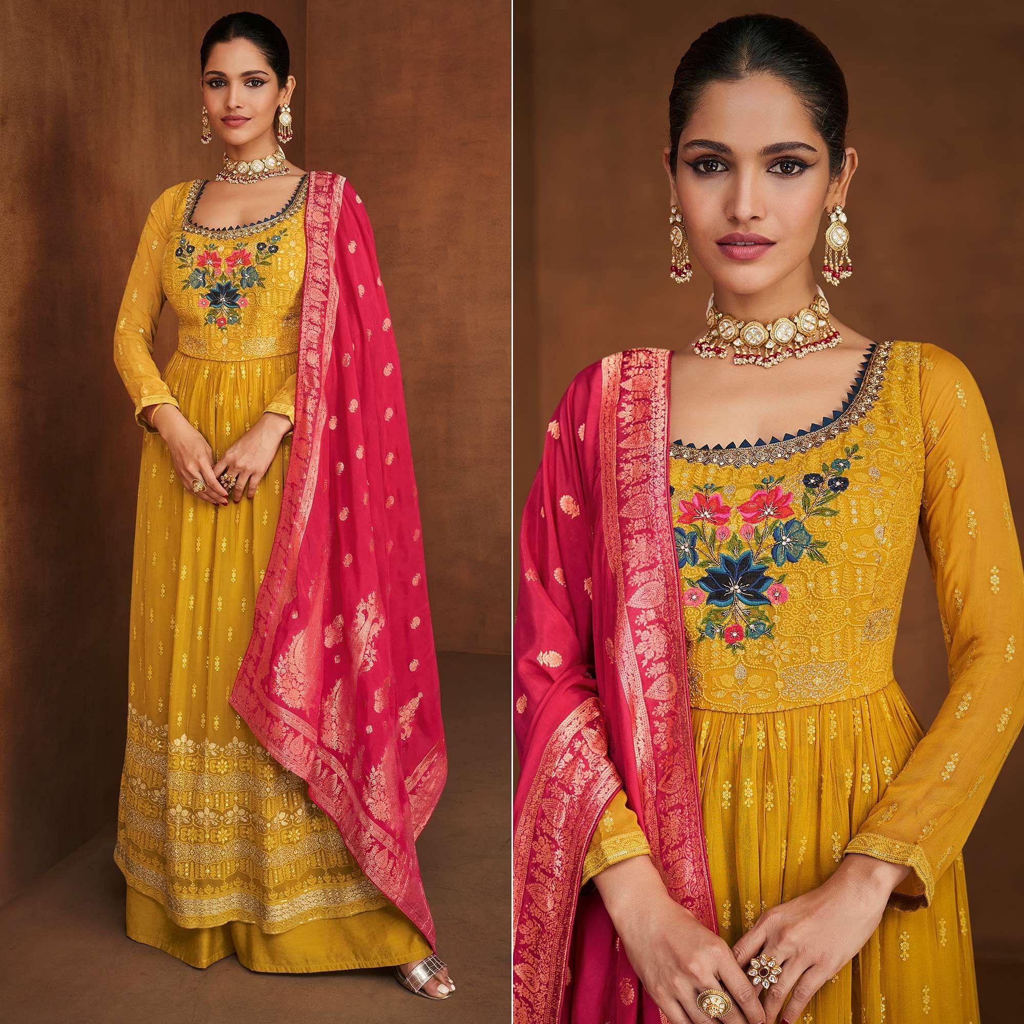 Yellow Partywear Floral Embroidered With Embellished Georgette Suit - Peachmode