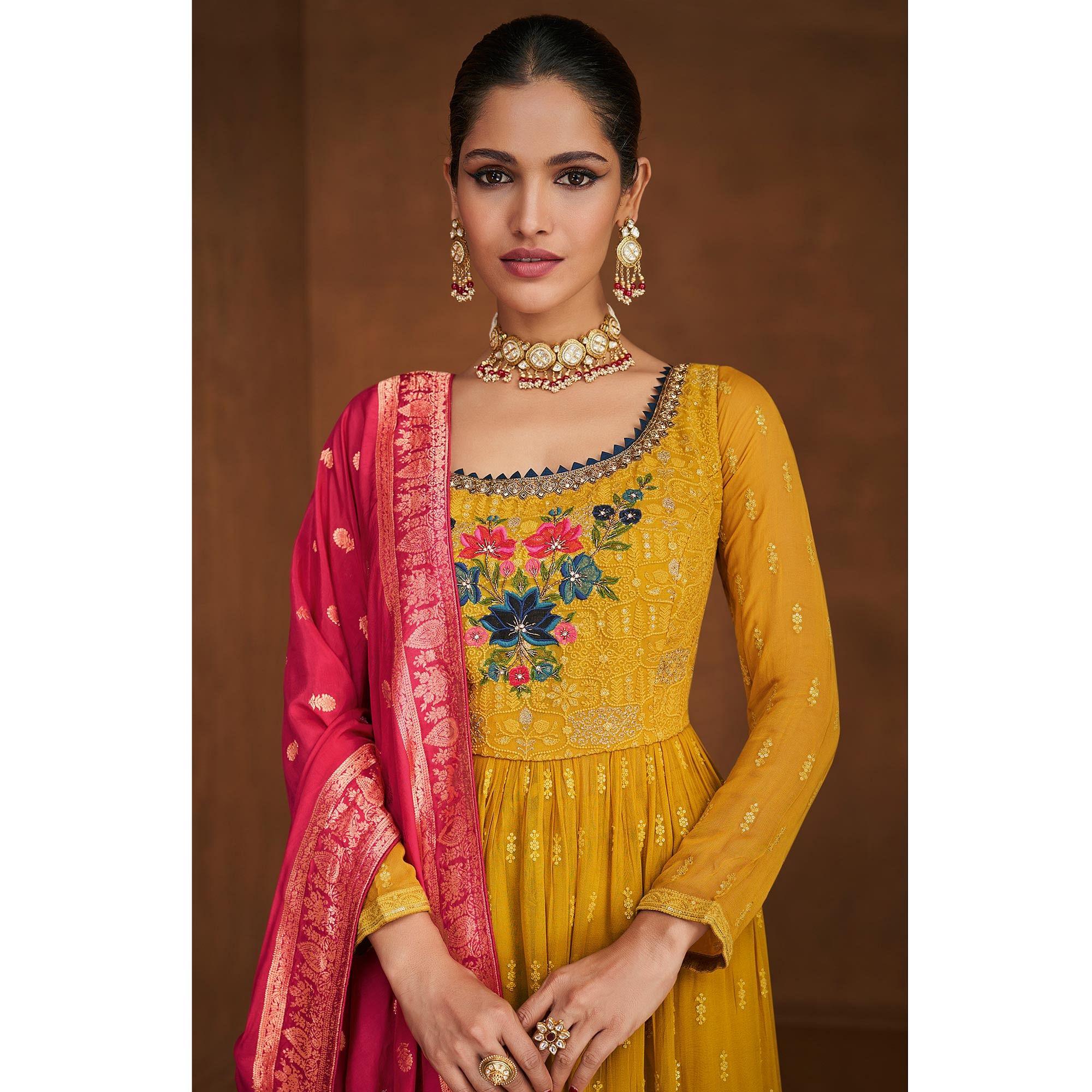 Yellow Partywear Floral Embroidered With Embellished Georgette Suit - Peachmode