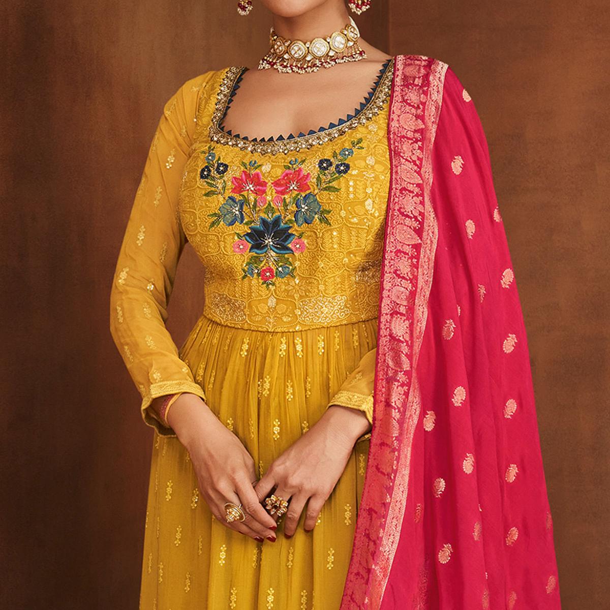 Yellow Partywear Floral Embroidered With Embellished Georgette Suit - Peachmode