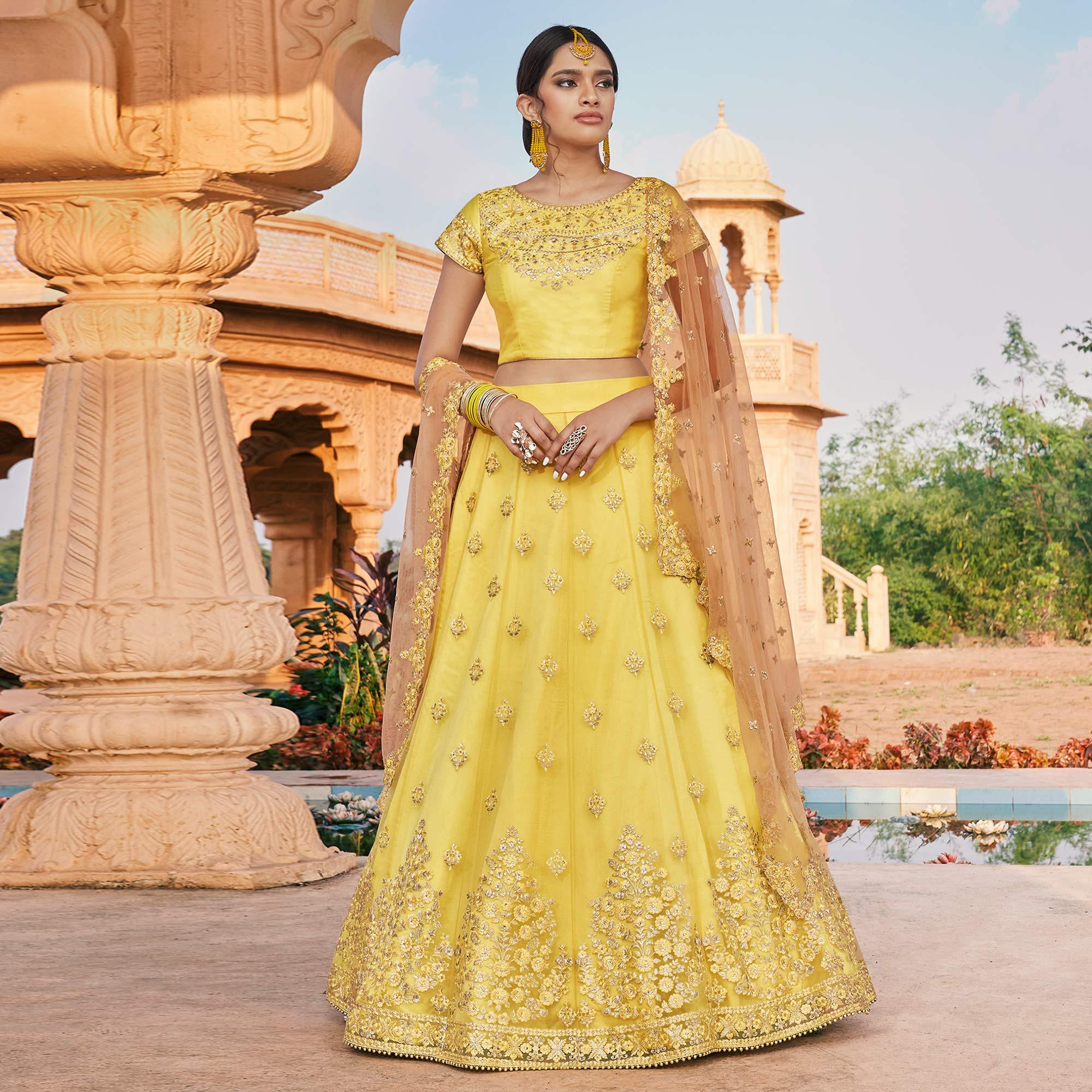 Yellow Partywear Floral Embroidered With Thread & Zari Net Lehenga Choli - Peachmode
