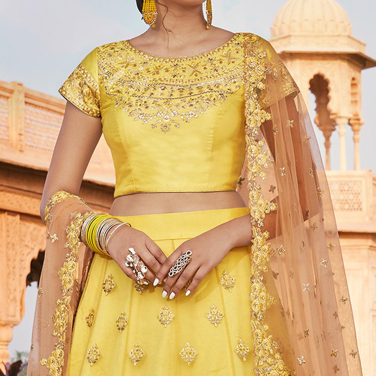 Yellow Partywear Floral Embroidered With Thread & Zari Net Lehenga Choli - Peachmode