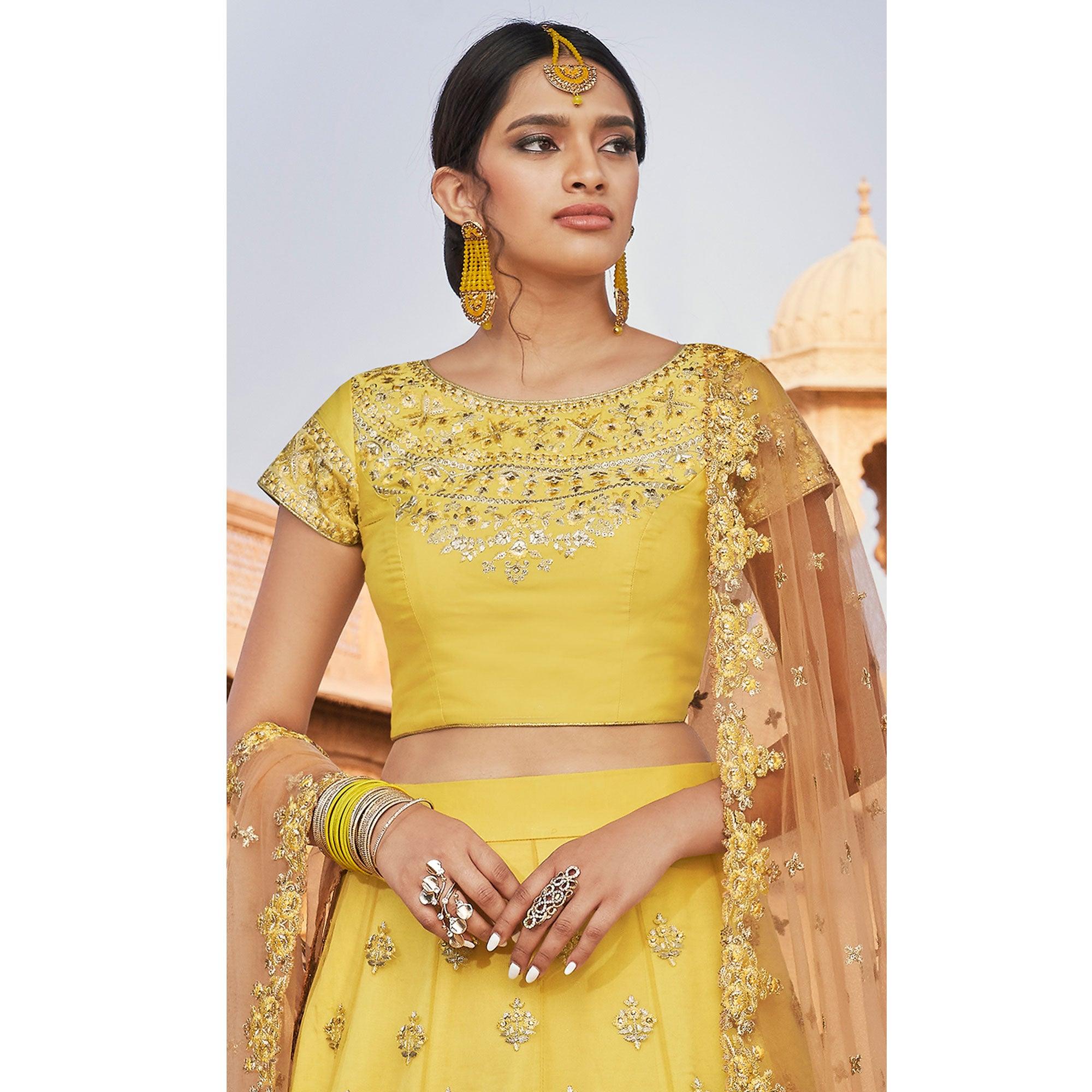 Yellow Partywear Floral Embroidered With Thread & Zari Net Lehenga Choli - Peachmode