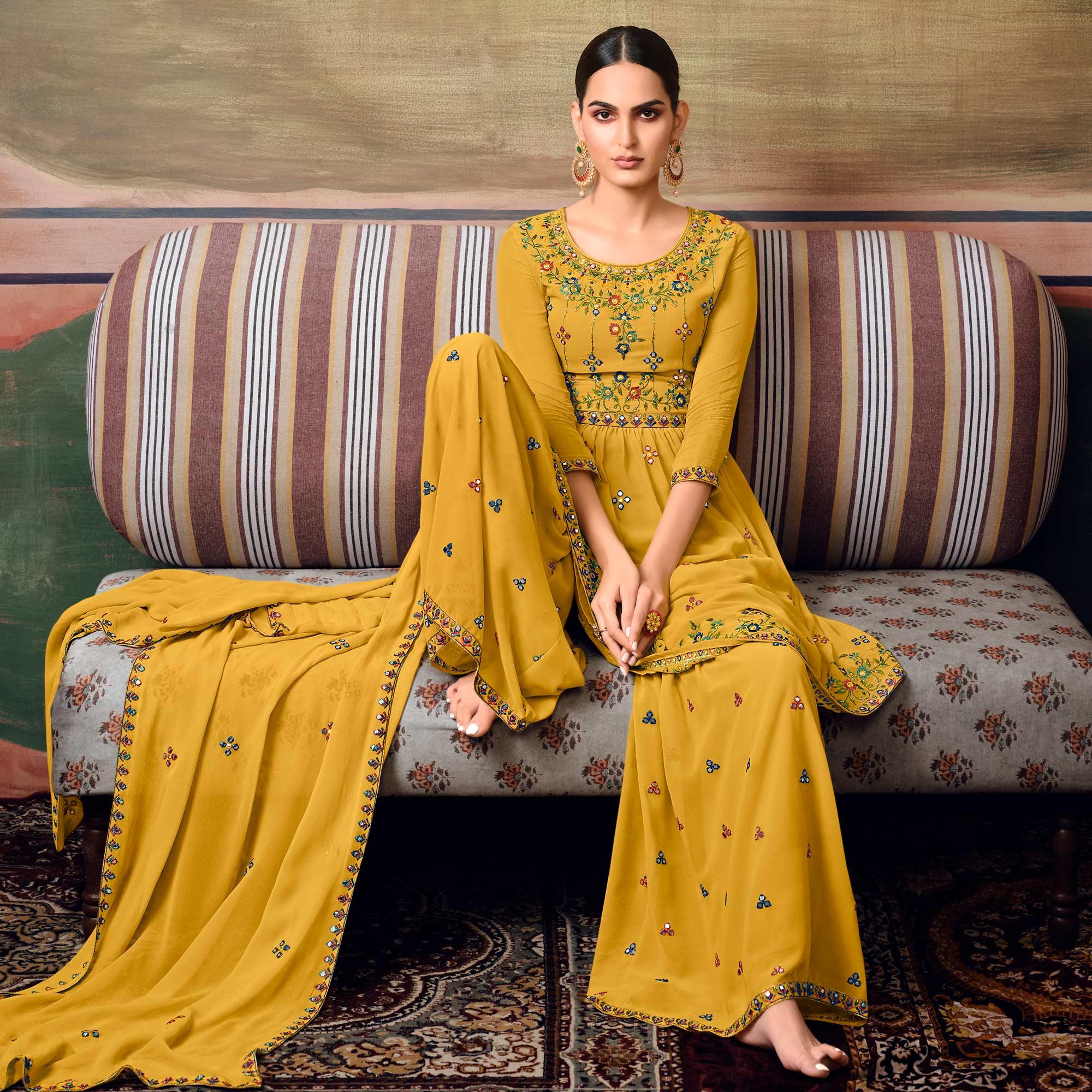 Yellow Partywear Floral Embroidery With Embellished Georgette Sharara Suit - Peachmode
