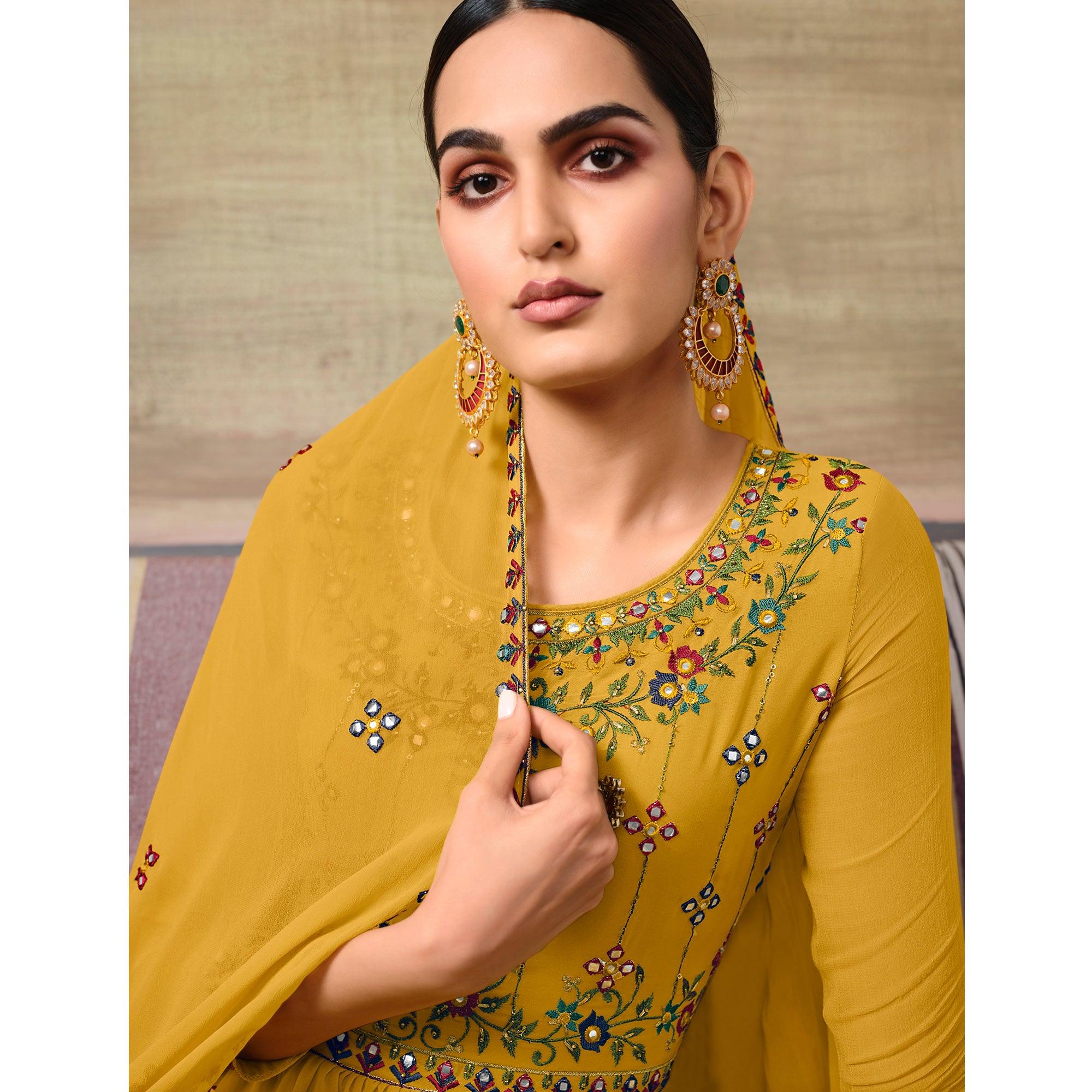 Yellow Partywear Floral Embroidery With Embellished Georgette Sharara Suit - Peachmode
