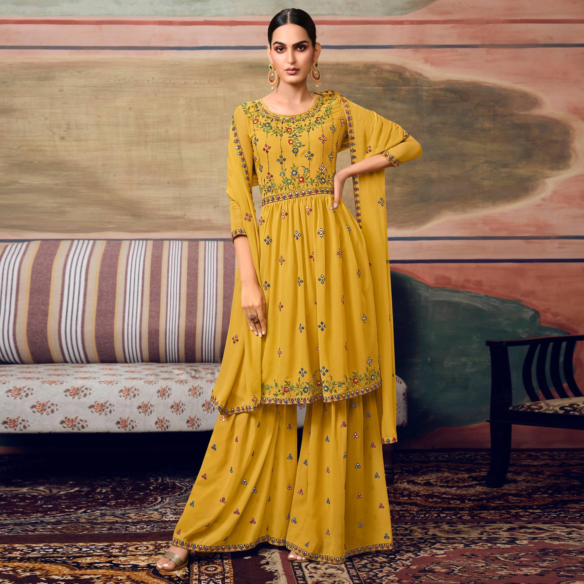 Yellow Partywear Floral Embroidery With Embellished Georgette Sharara Suit - Peachmode