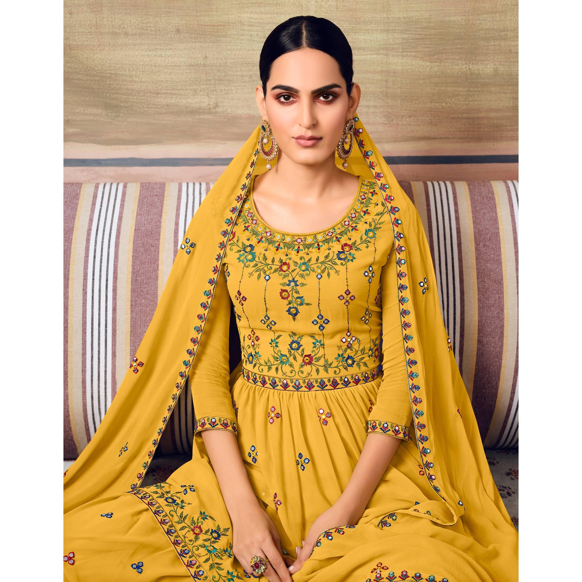 Yellow Partywear Floral Embroidery With Embellished Georgette Sharara Suit - Peachmode