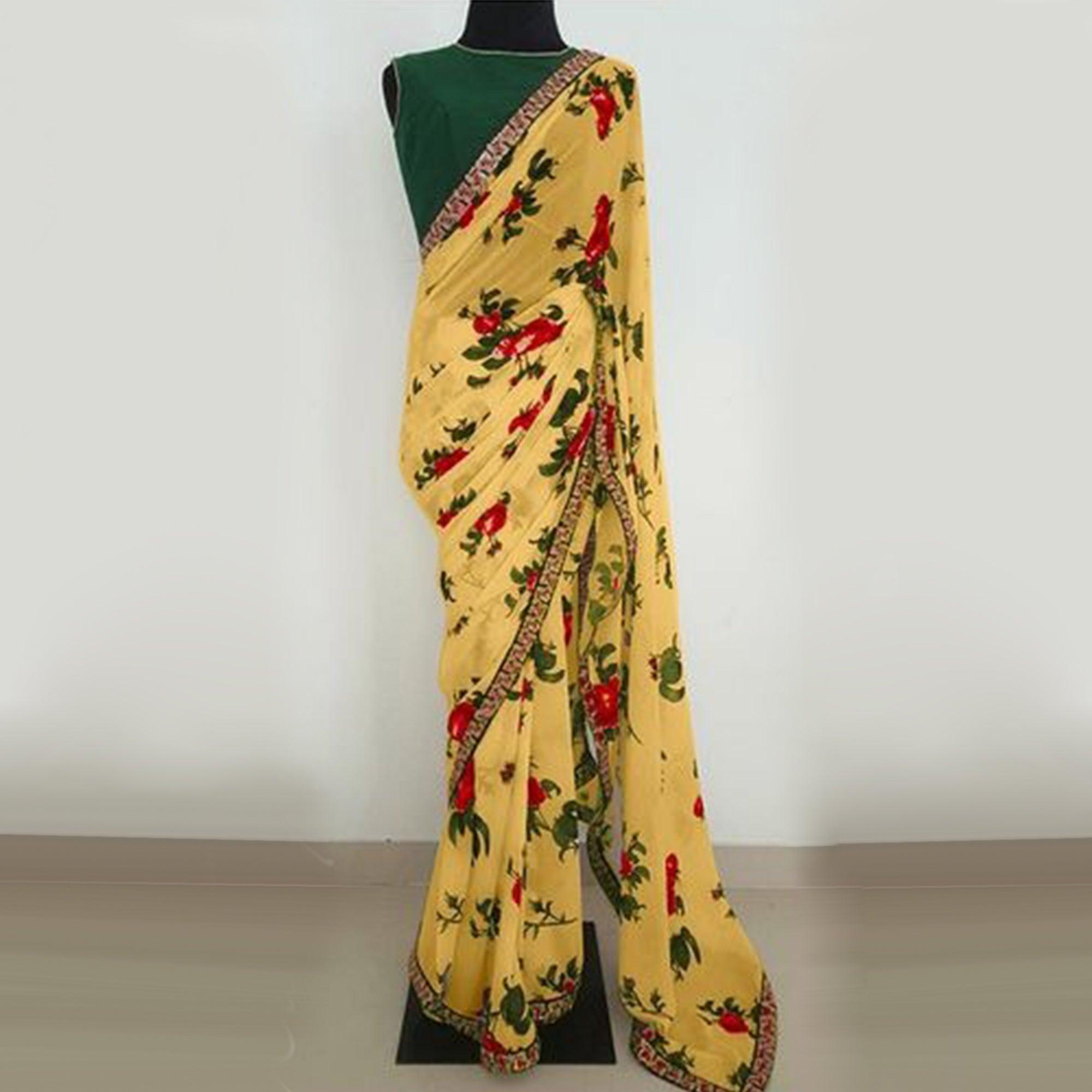 Yellow Partywear Floral Printed Georgette Saree With Embroidered Lace - Peachmode