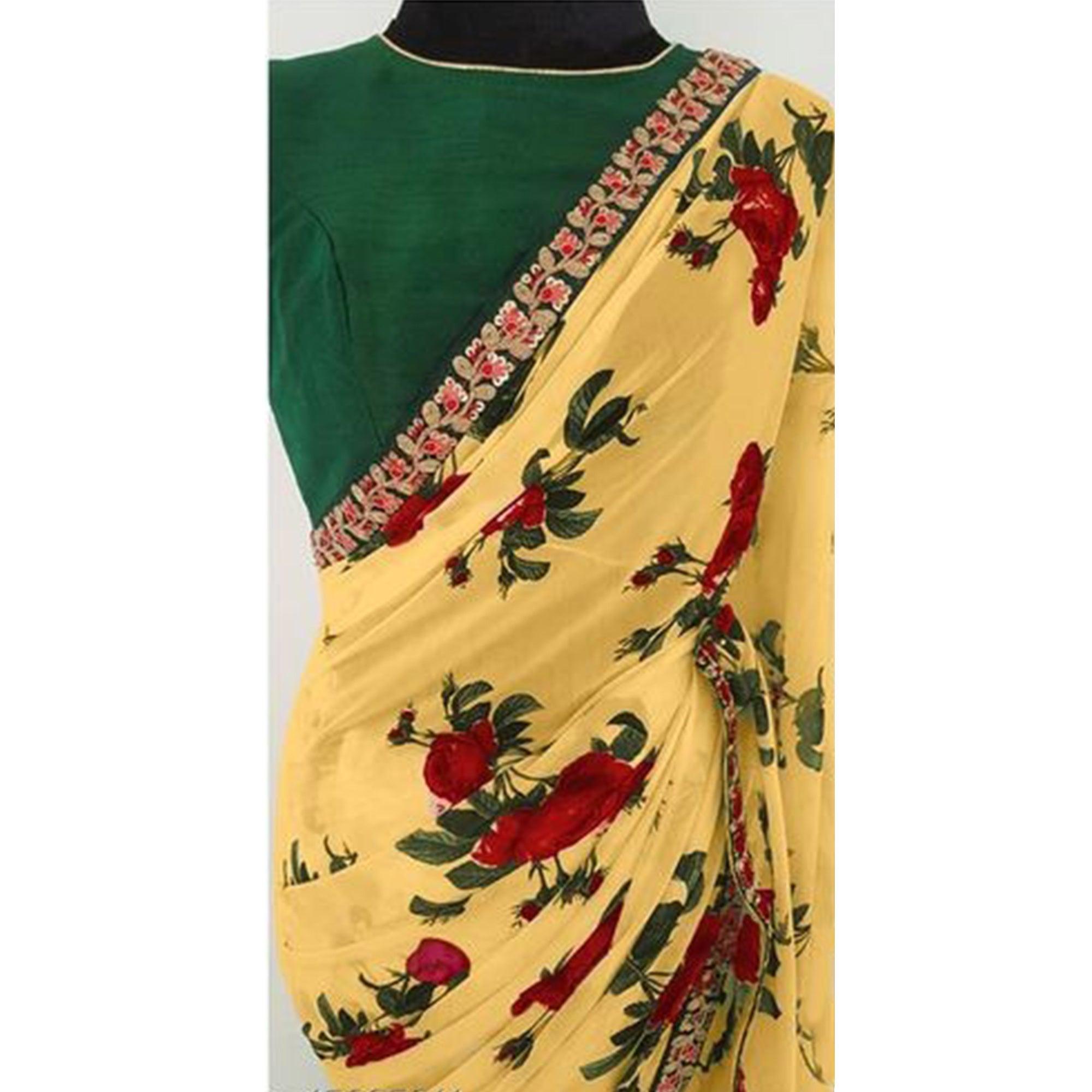 Yellow Partywear Floral Printed Georgette Saree With Embroidered Lace - Peachmode