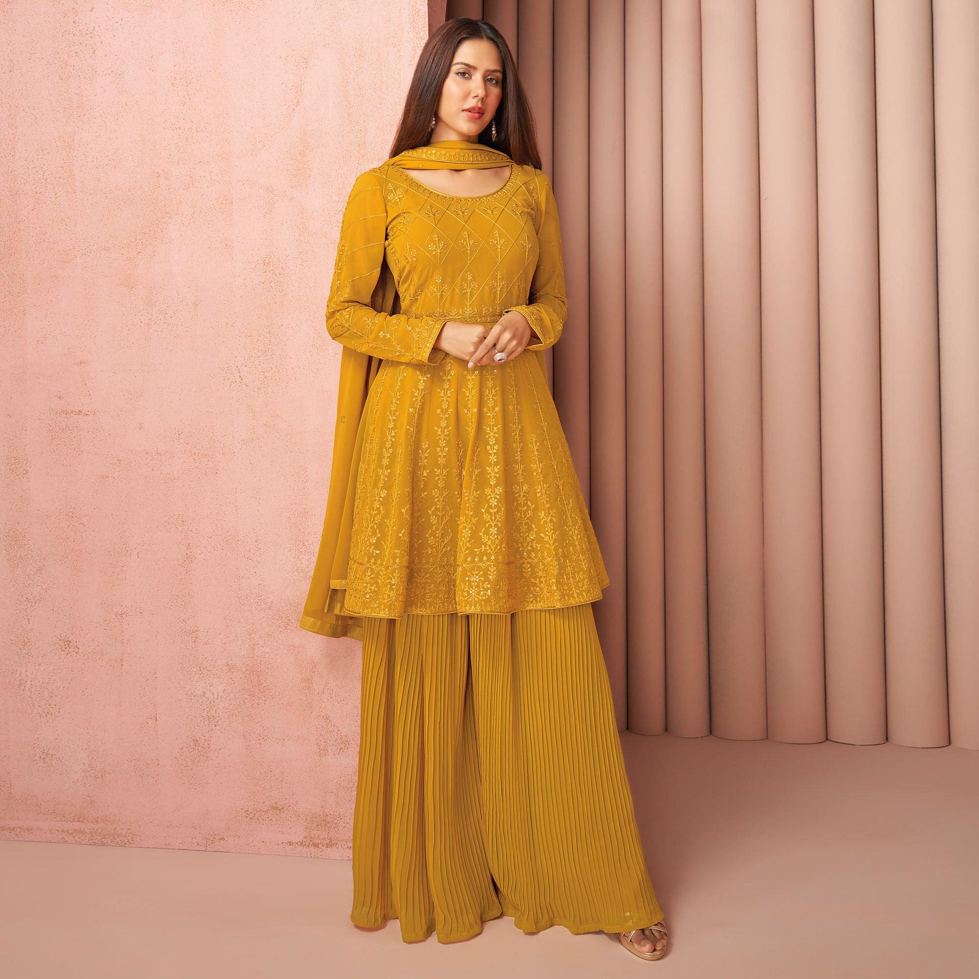 Yellow Partywear Floral Sequecce Embroidered Georgette Palazzo Suit - Peachmode