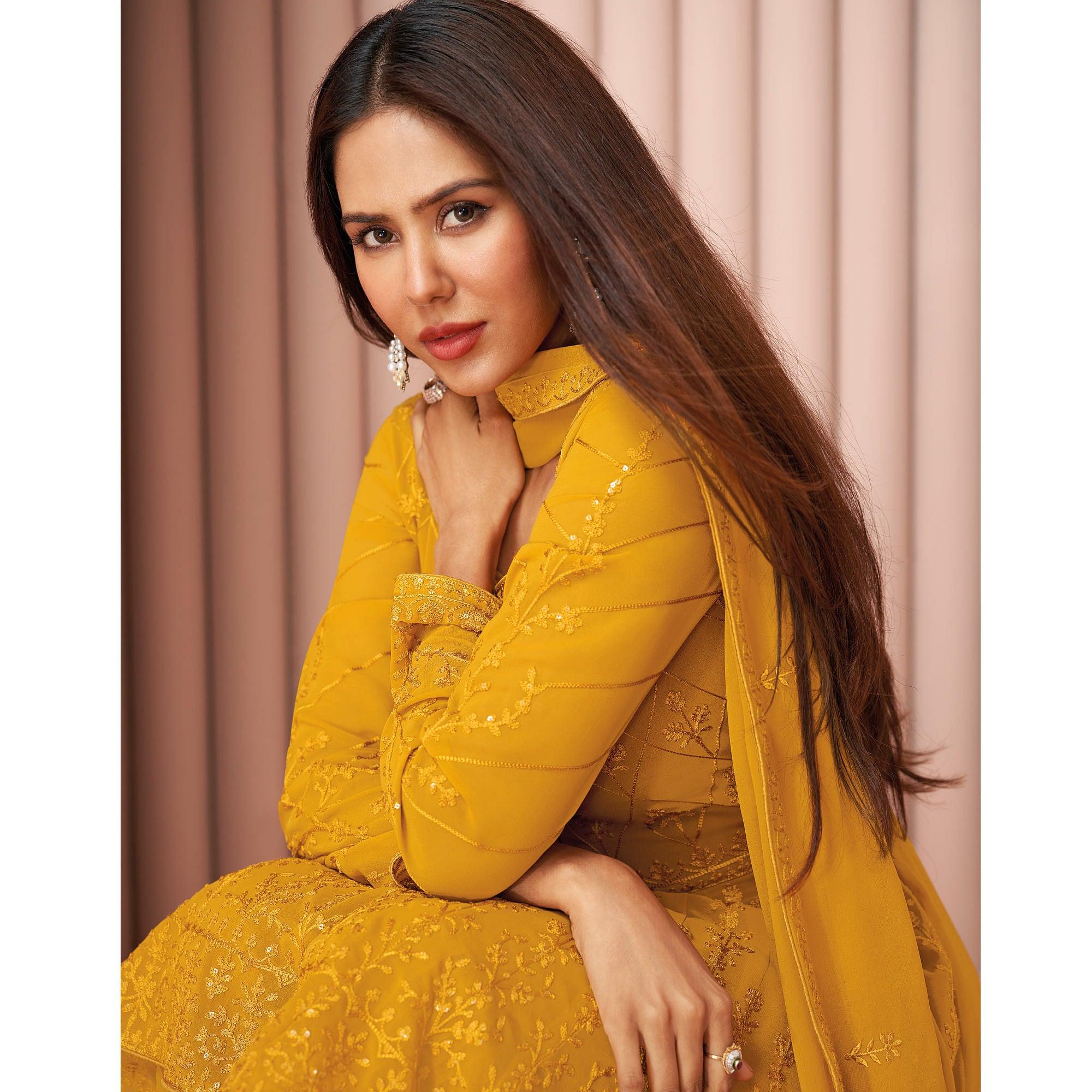 Yellow Partywear Floral Sequecce Embroidered Georgette Palazzo Suit - Peachmode