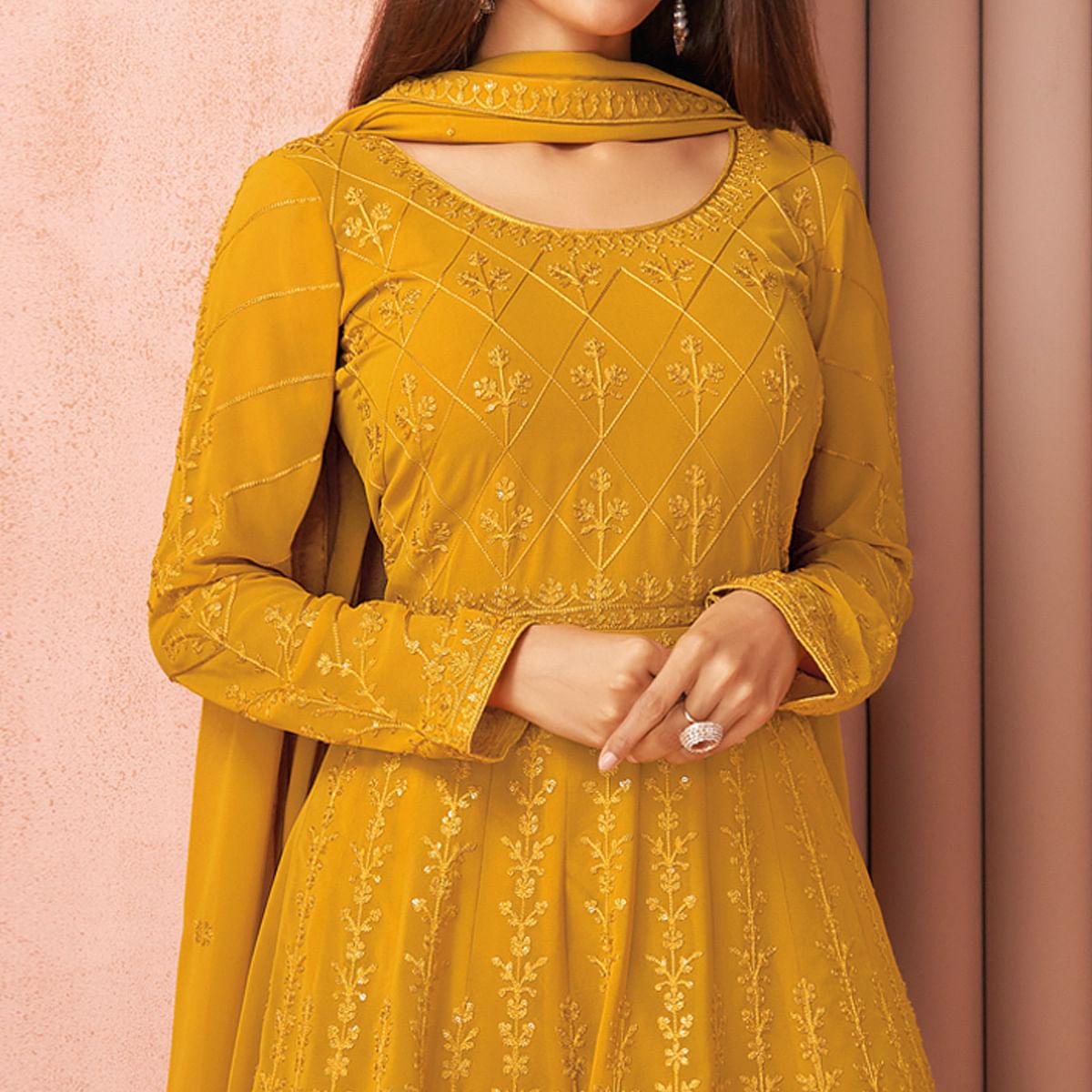 Yellow Partywear Floral Sequecce Embroidered Georgette Palazzo Suit - Peachmode