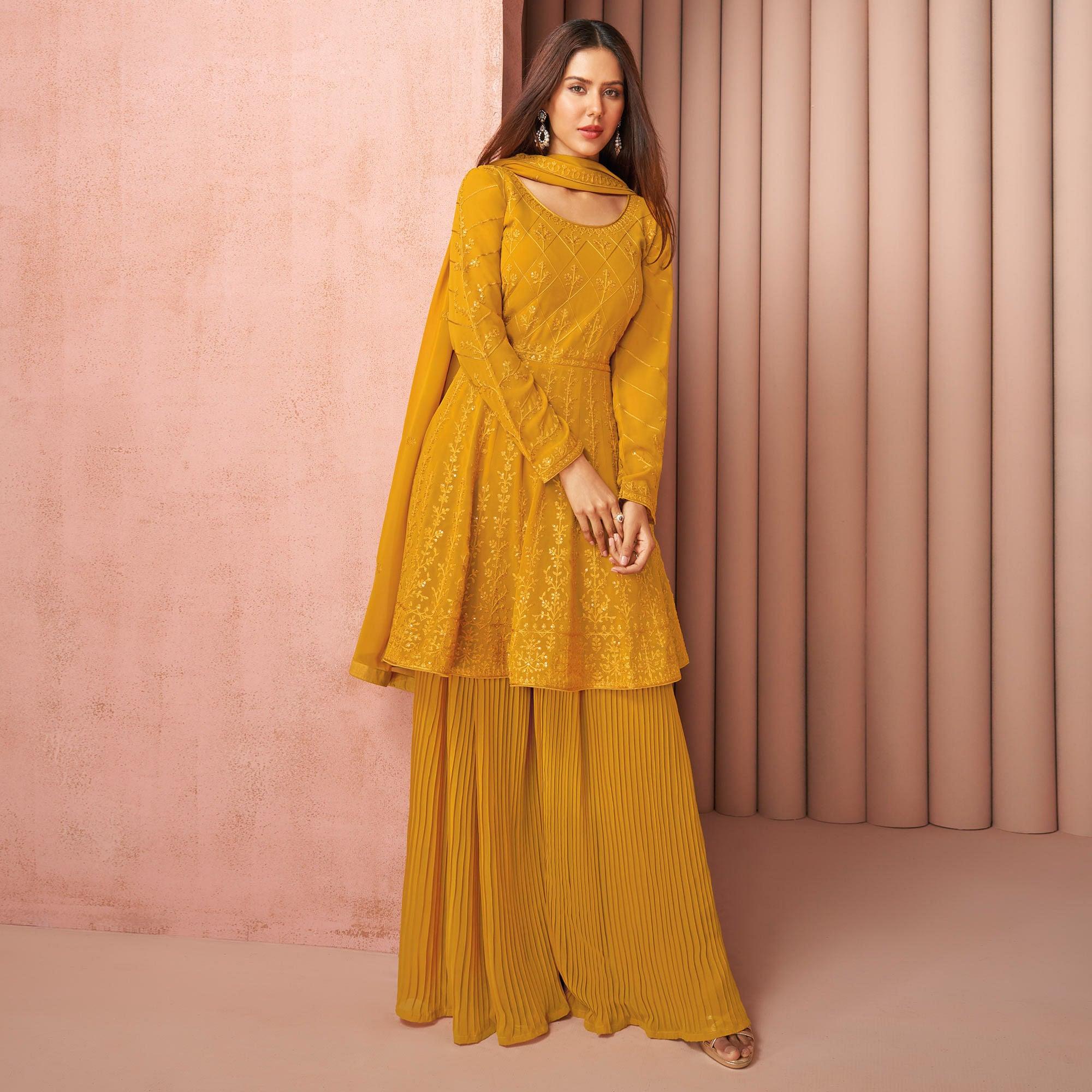 Yellow Partywear Floral Sequecce Embroidered Georgette Palazzo Suit - Peachmode