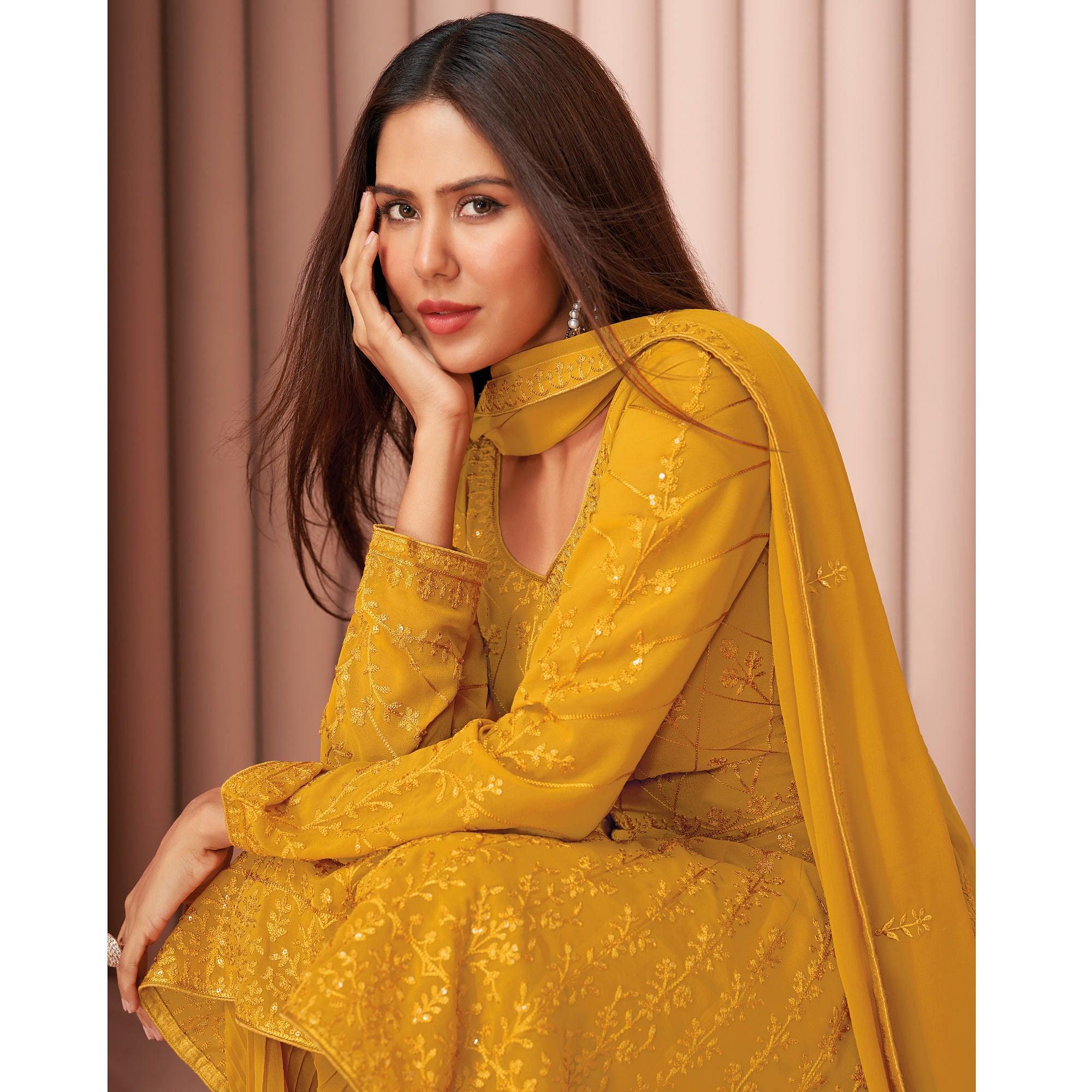 Yellow Partywear Floral Sequecce Embroidered Georgette Palazzo Suit - Peachmode