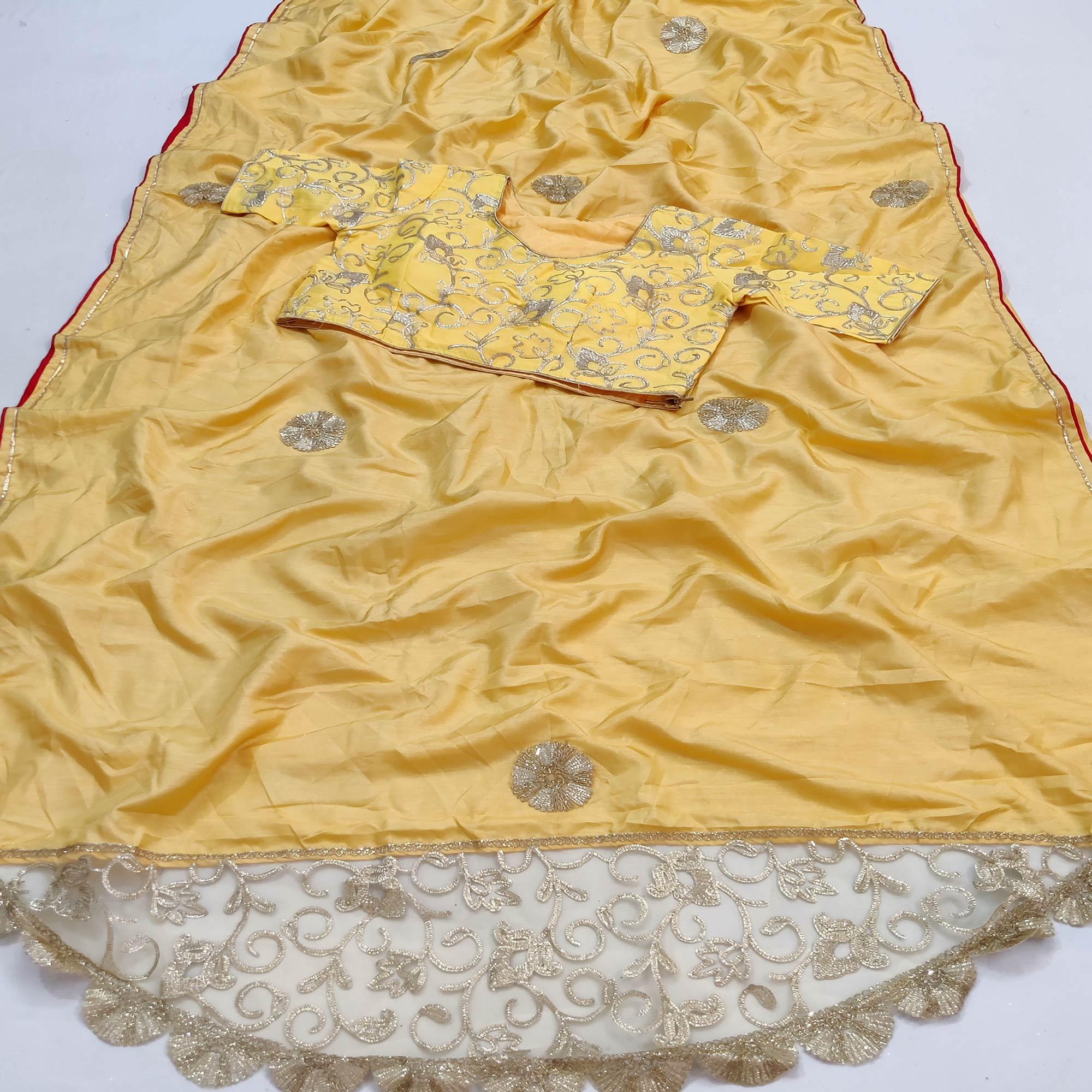 Yellow Partywear Mukeish Embroidery Dola Silk Saree - Peachmode