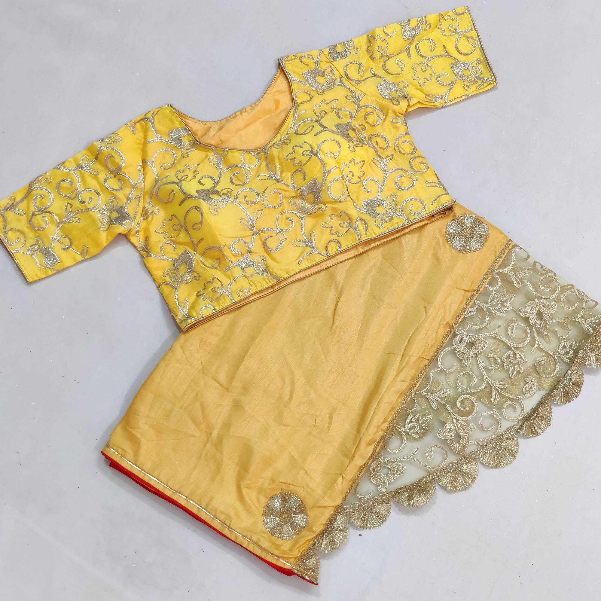 Yellow Partywear Mukeish Embroidery Dola Silk Saree - Peachmode