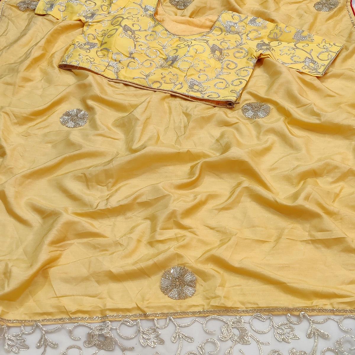 Yellow Partywear Mukeish Embroidery Dola Silk Saree - Peachmode