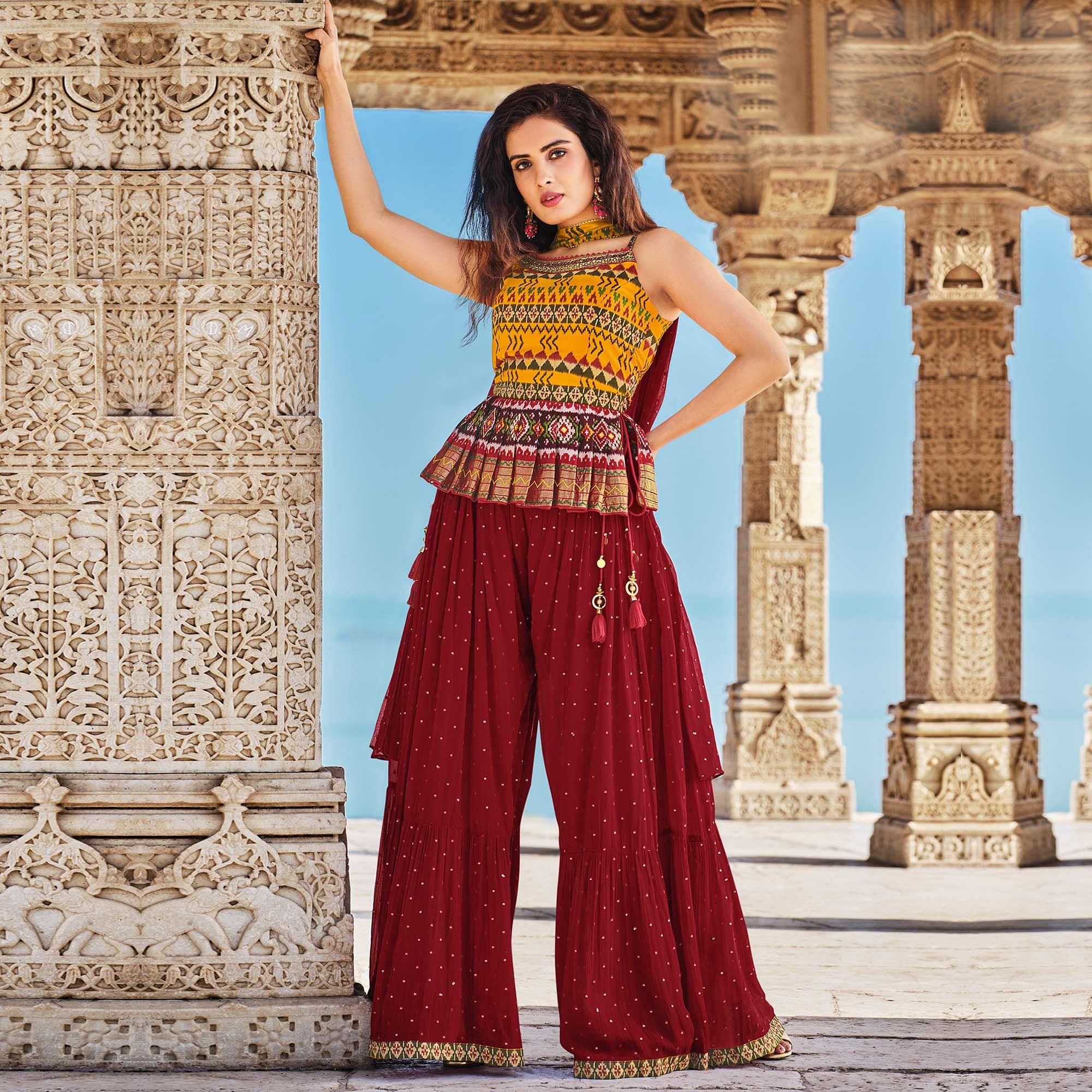 Yellow Partywear Patola Printed Silk Sharara Suit - Peachmode