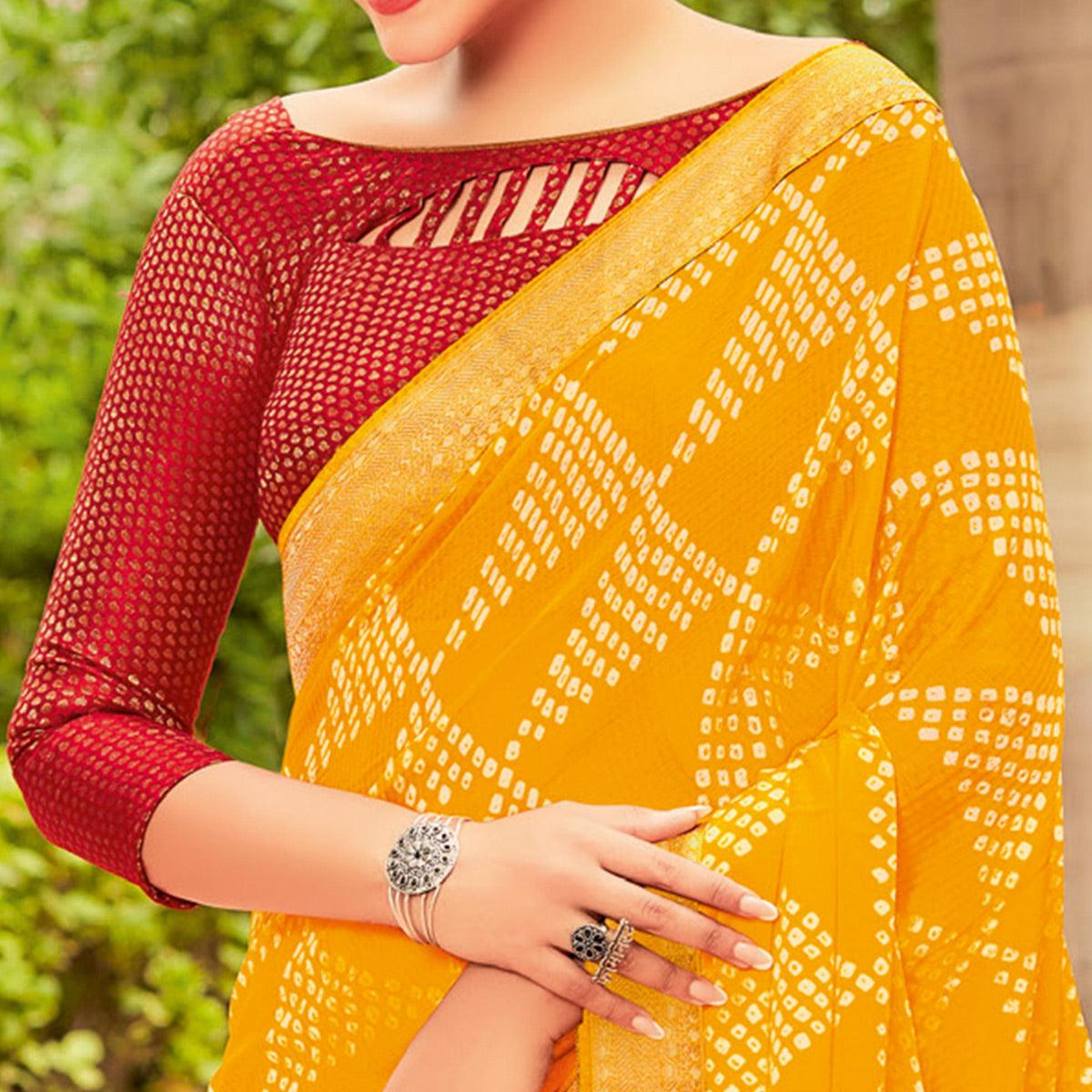 Yellow Partywear Printed Chiffon Saree With Border - Peachmode