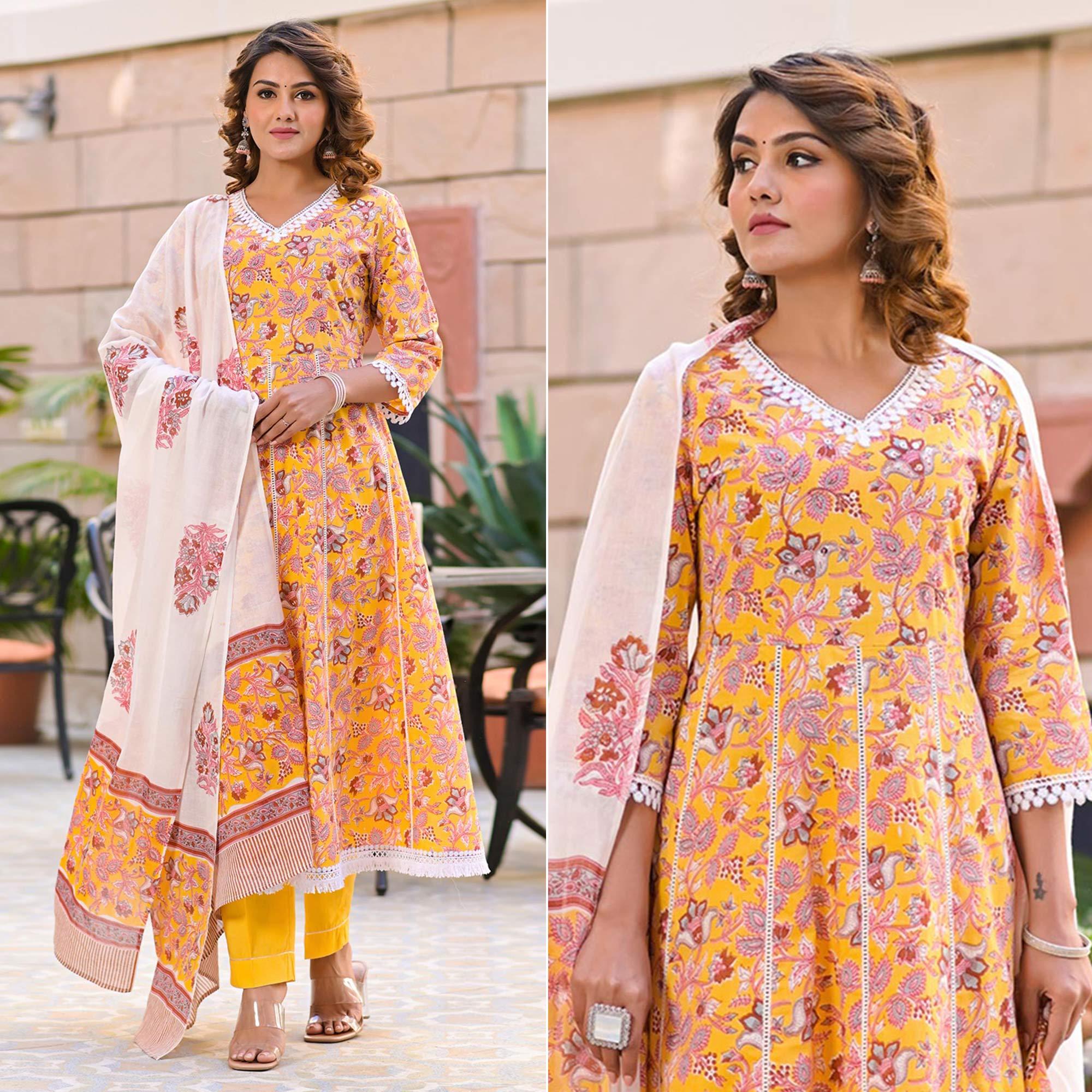Yellow Partywear Printed Cotton Anarkali Suit S