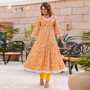 Yellow Partywear Printed Cotton Anarkali Suit - Peachmode