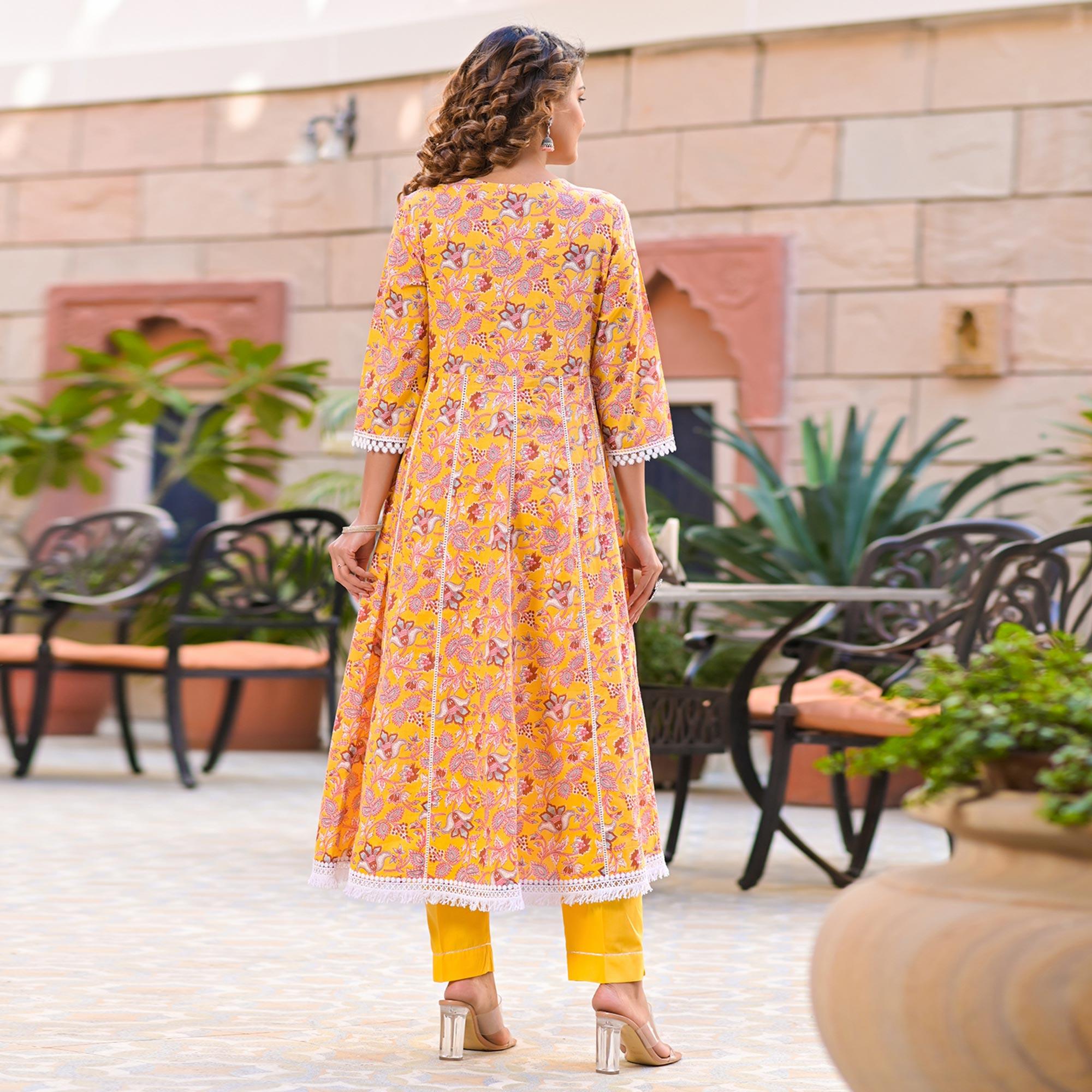 Yellow Partywear Printed Cotton Anarkali Suit - Peachmode
