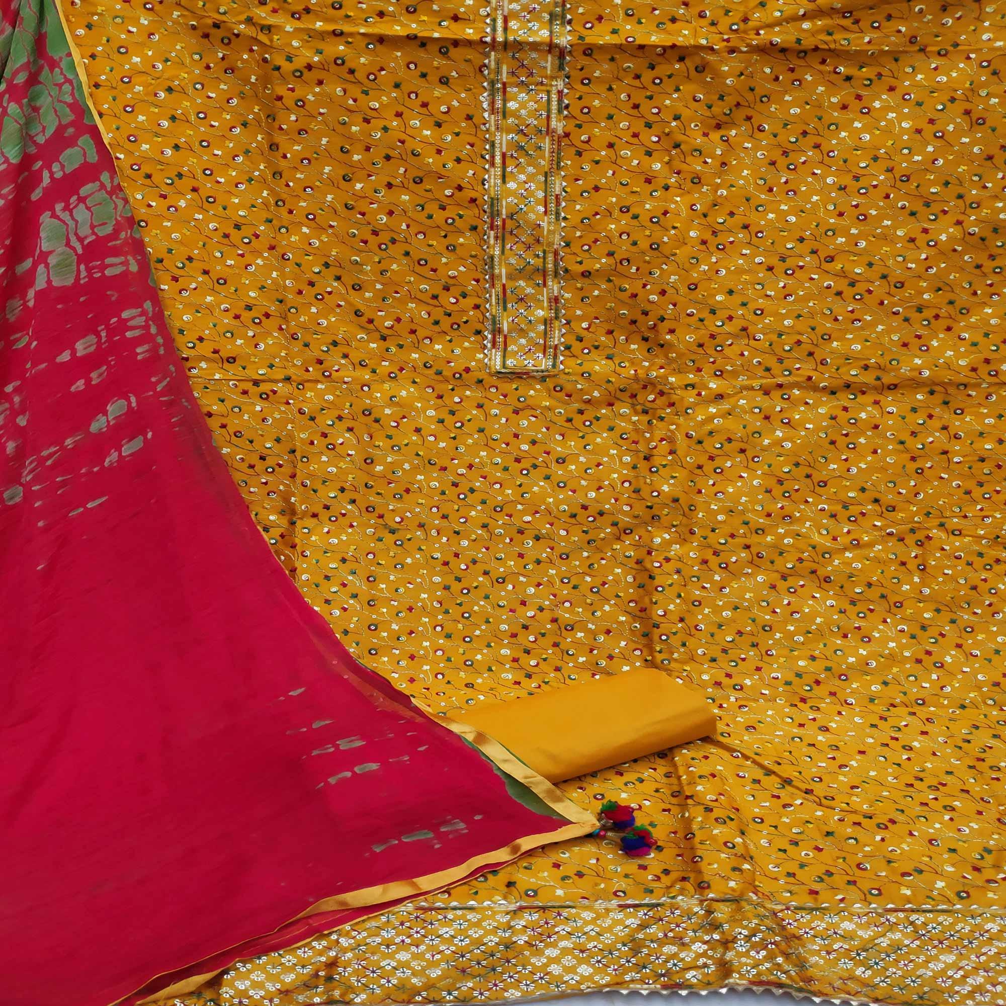 Yellow Partywear Printed Cotton Dress Material - Peachmode