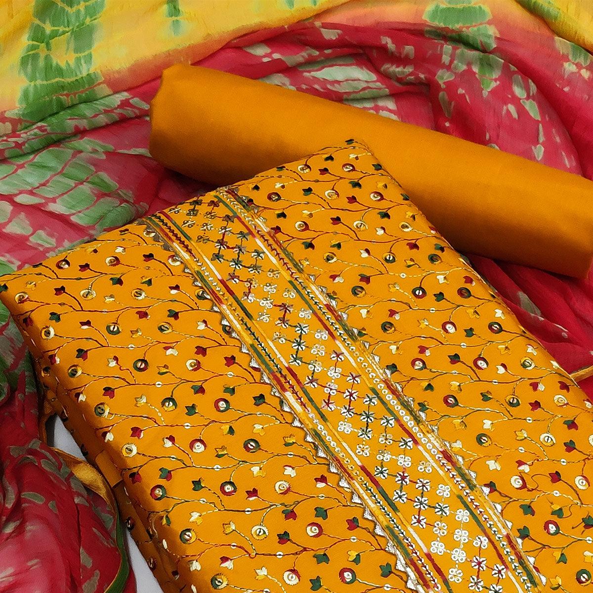 Yellow Partywear Printed Cotton Dress Material - Peachmode