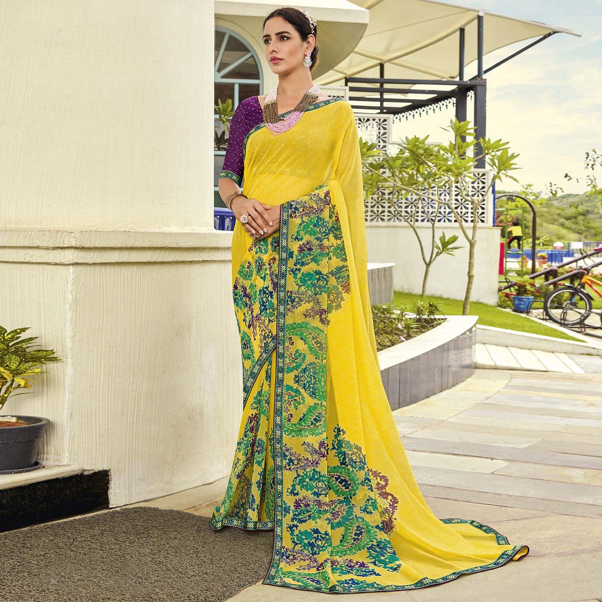 Yellow Partywear Printed Georgette Saree - Peachmode