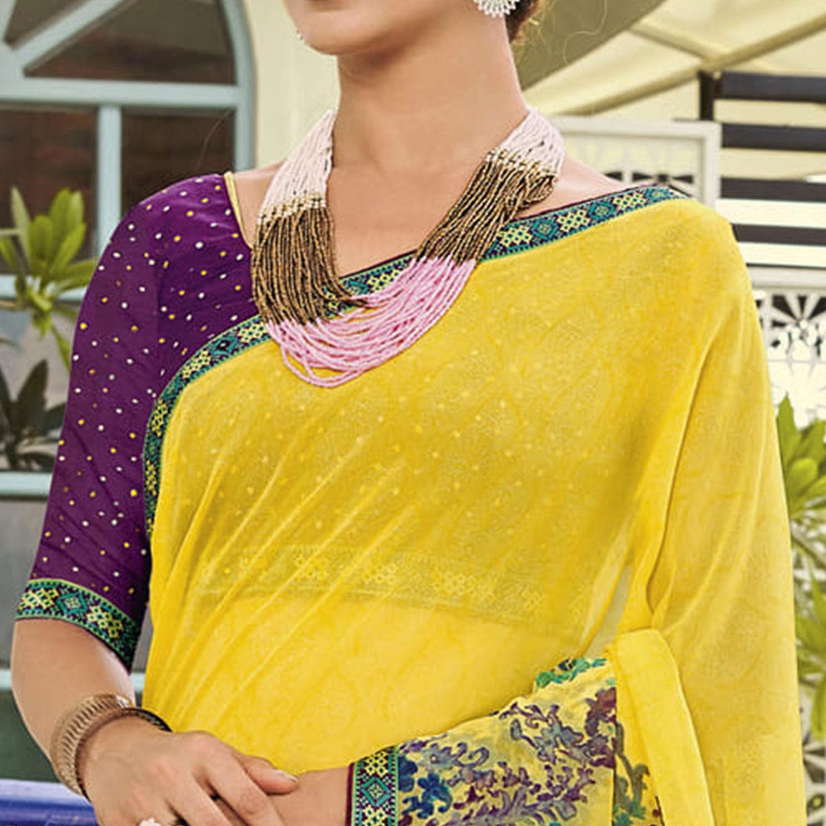 Yellow Partywear Printed Georgette Saree - Peachmode