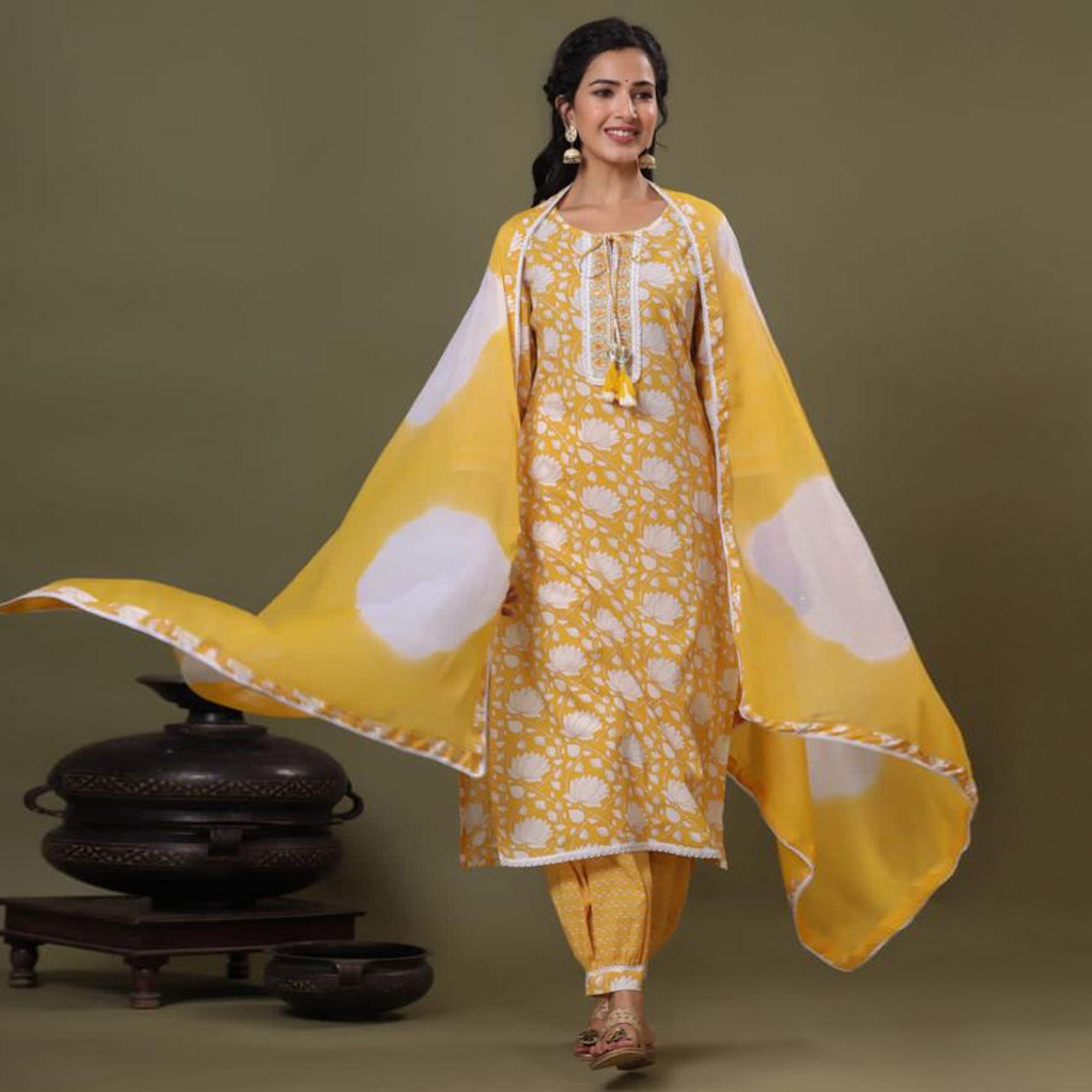 Yellow Partywear Printed With Embroidered Cotton Suit - Peachmode