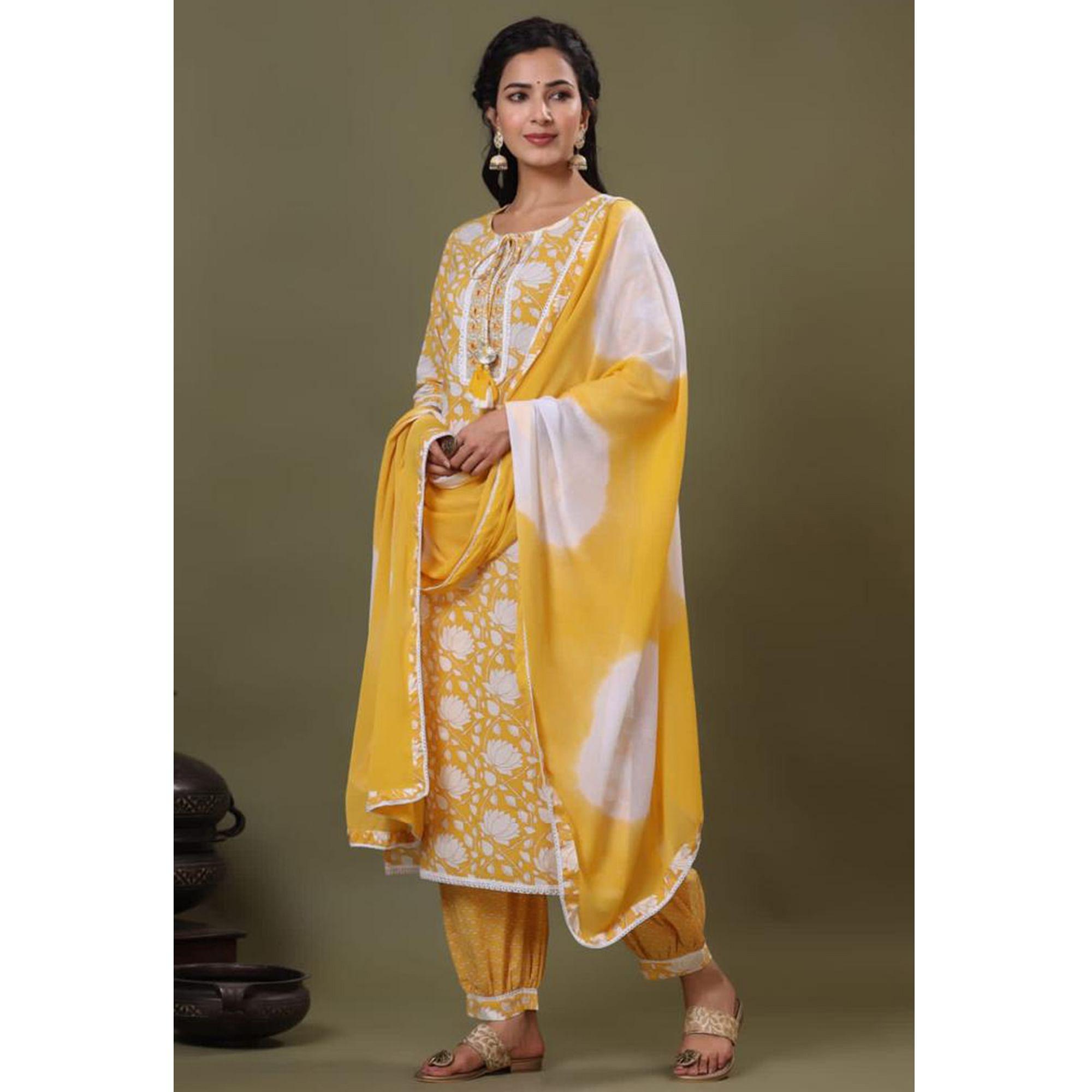 Yellow Partywear Printed With Embroidered Cotton Suit - Peachmode