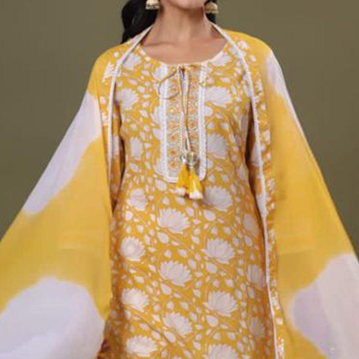 Yellow Partywear Printed With Embroidered Cotton Suit - Peachmode