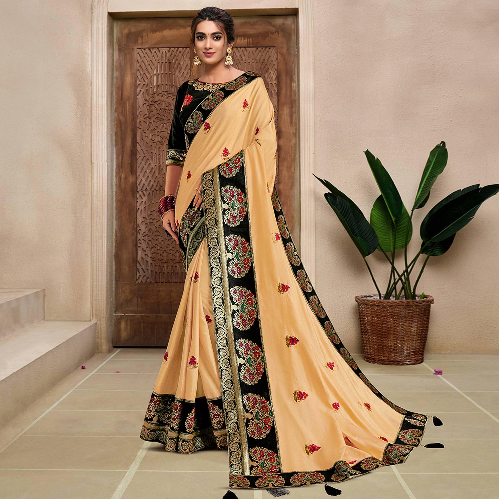 Yellow Partywear Resham & Zari Embroidered Silk Saree - Peachmode