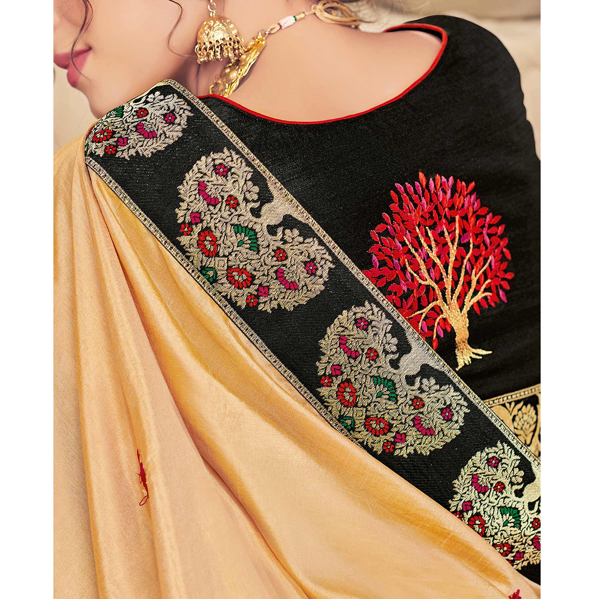 Yellow Partywear Resham & Zari Embroidered Silk Saree - Peachmode