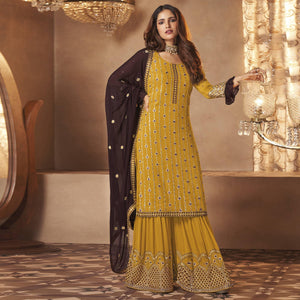 Yellow Partywear Sequence Embroidered Georgette Palazzo Suit - Peachmode
