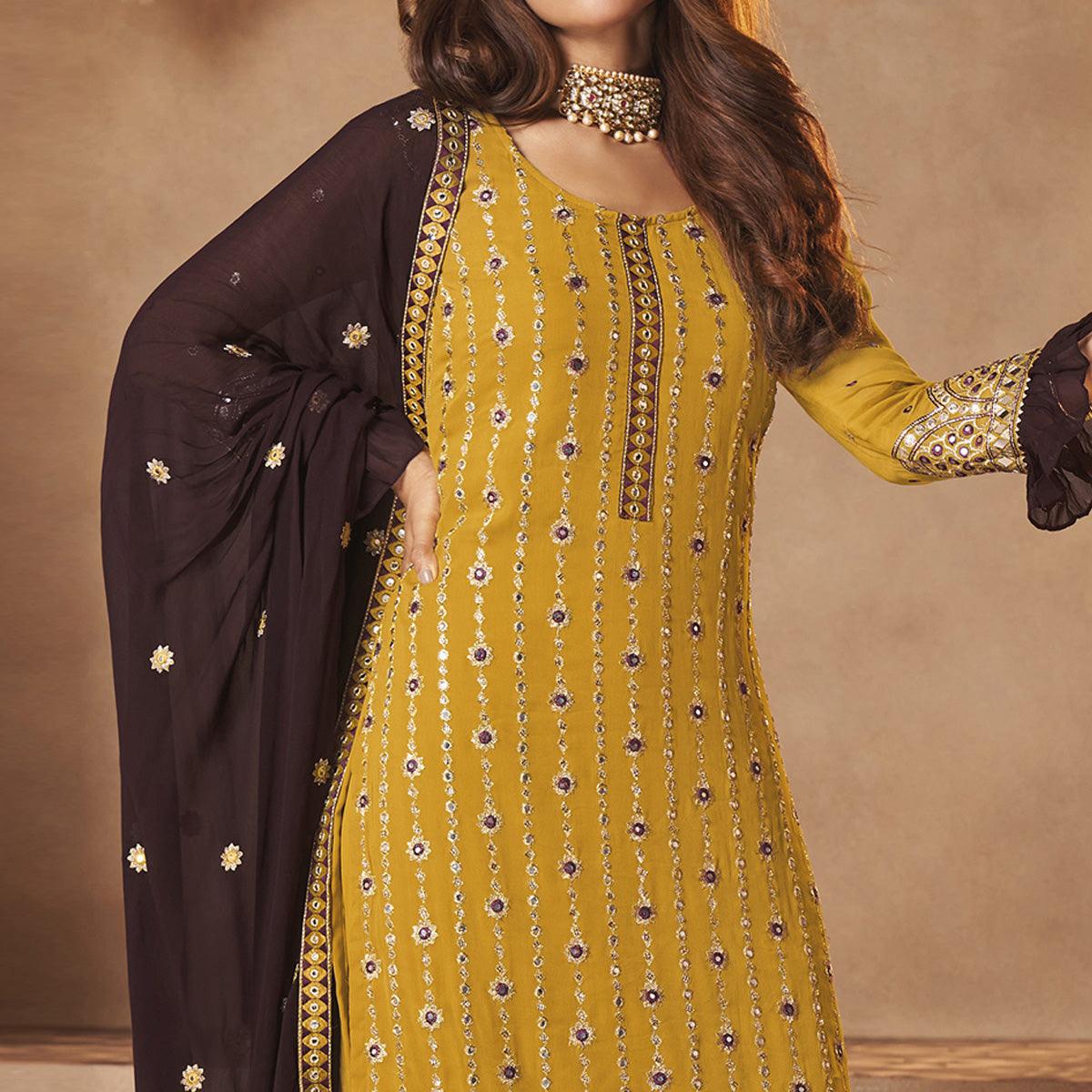 Yellow Partywear Sequence Embroidered Georgette Palazzo Suit - Peachmode