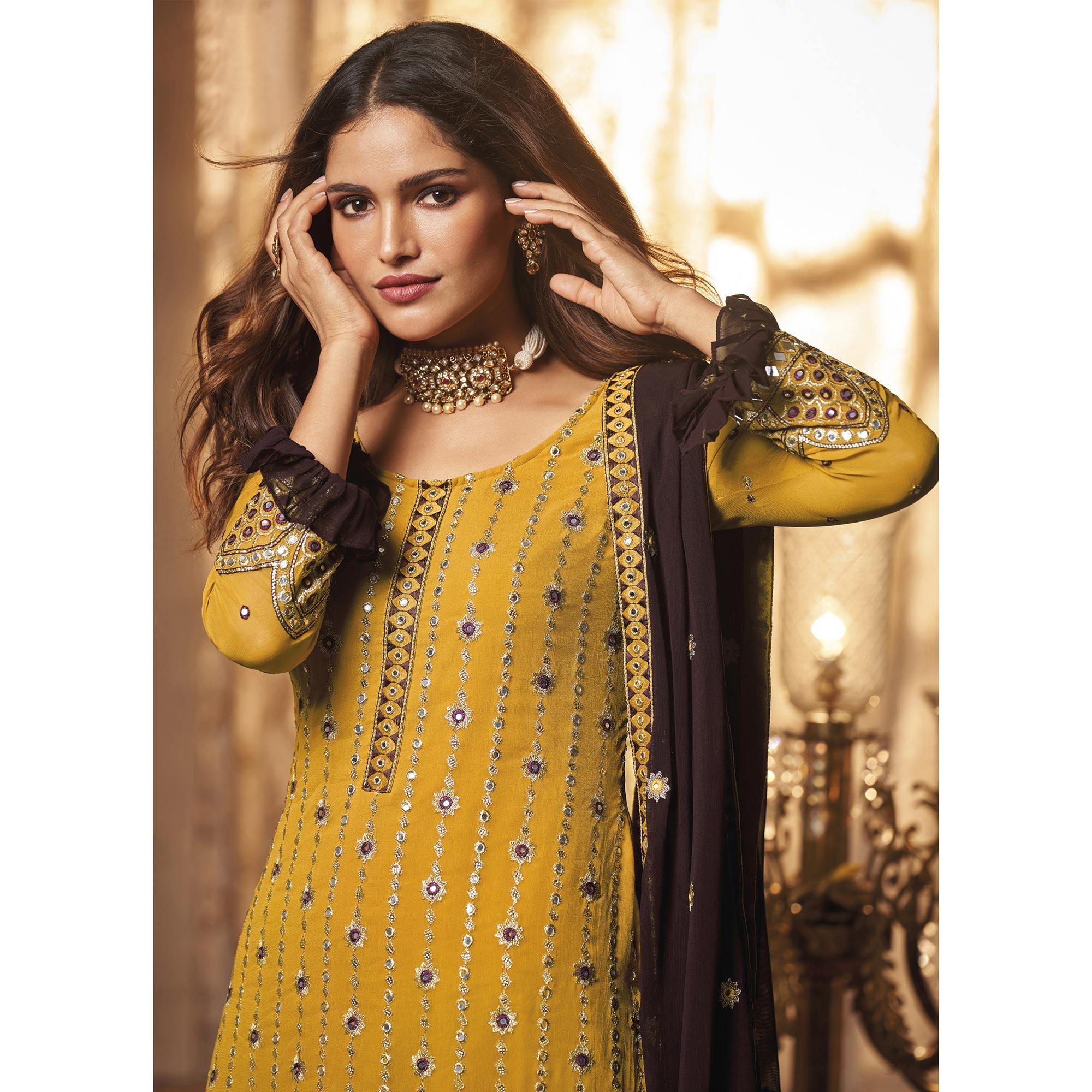 Yellow Partywear Sequence Embroidered Georgette Palazzo Suit - Peachmode