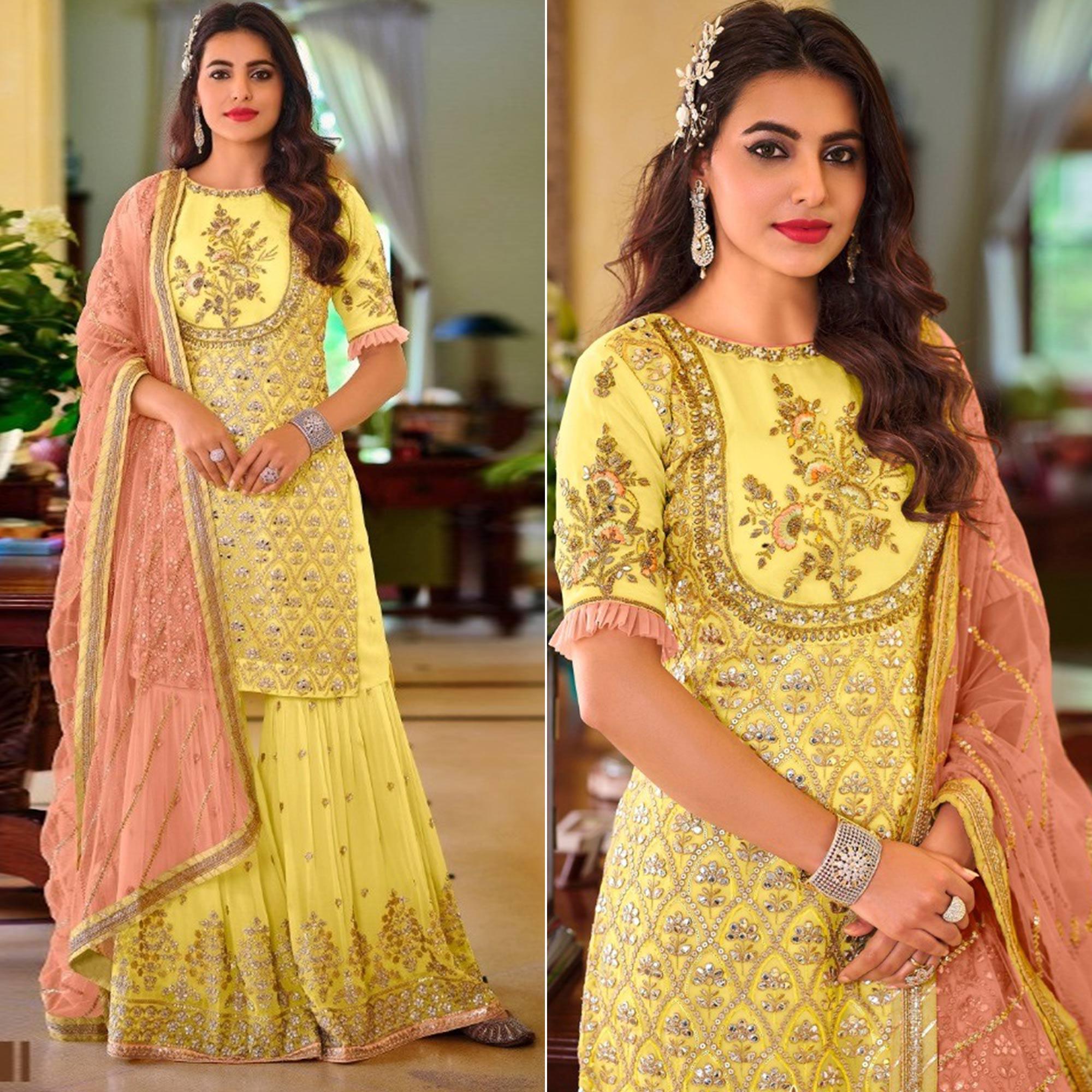 Yellow Partywear Sequence Embroidered Georgette Sharara Suit - Peachmode