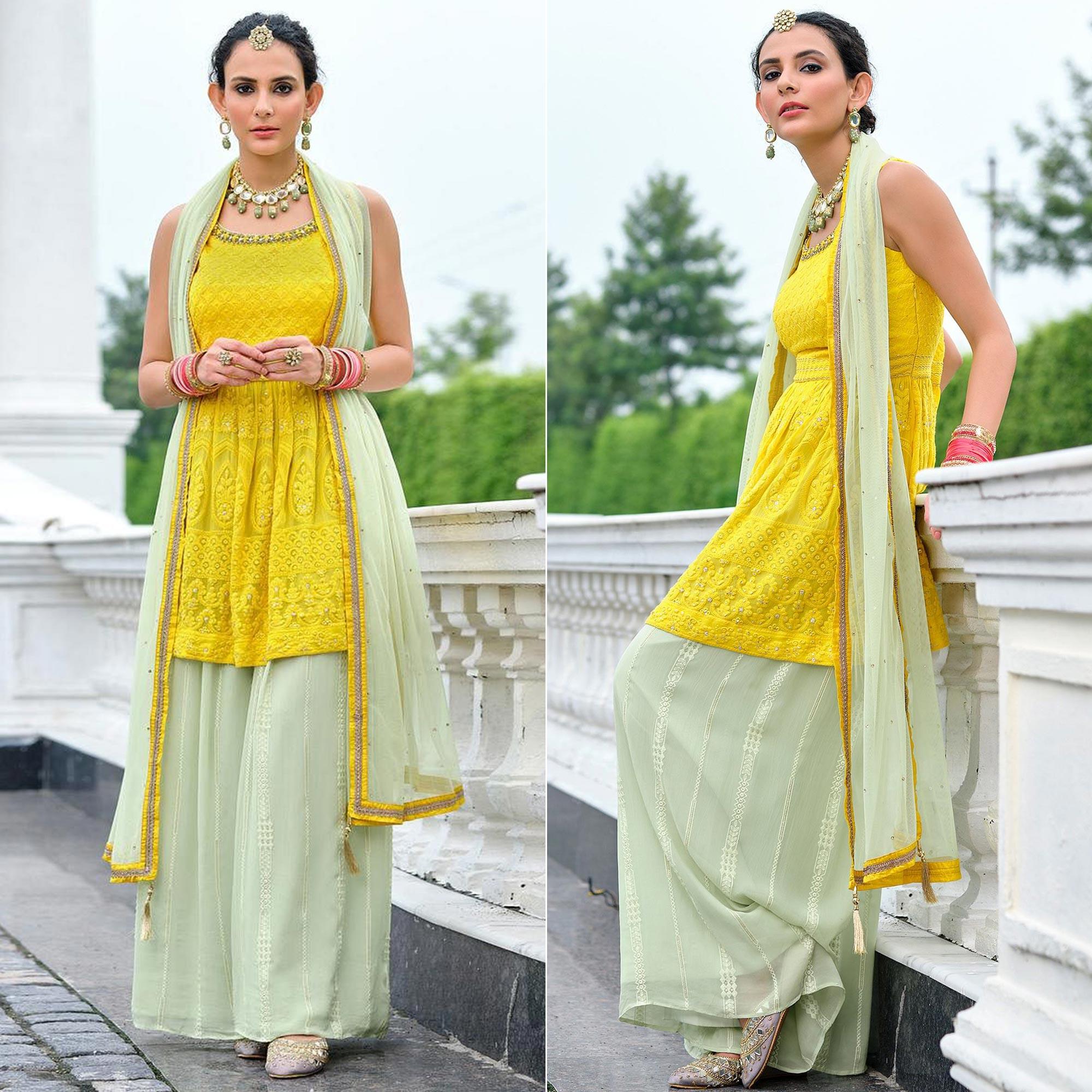 Yellow Partywear Sequence Embroidered Pure Viscose Kurti Sharara Set - Peachmode