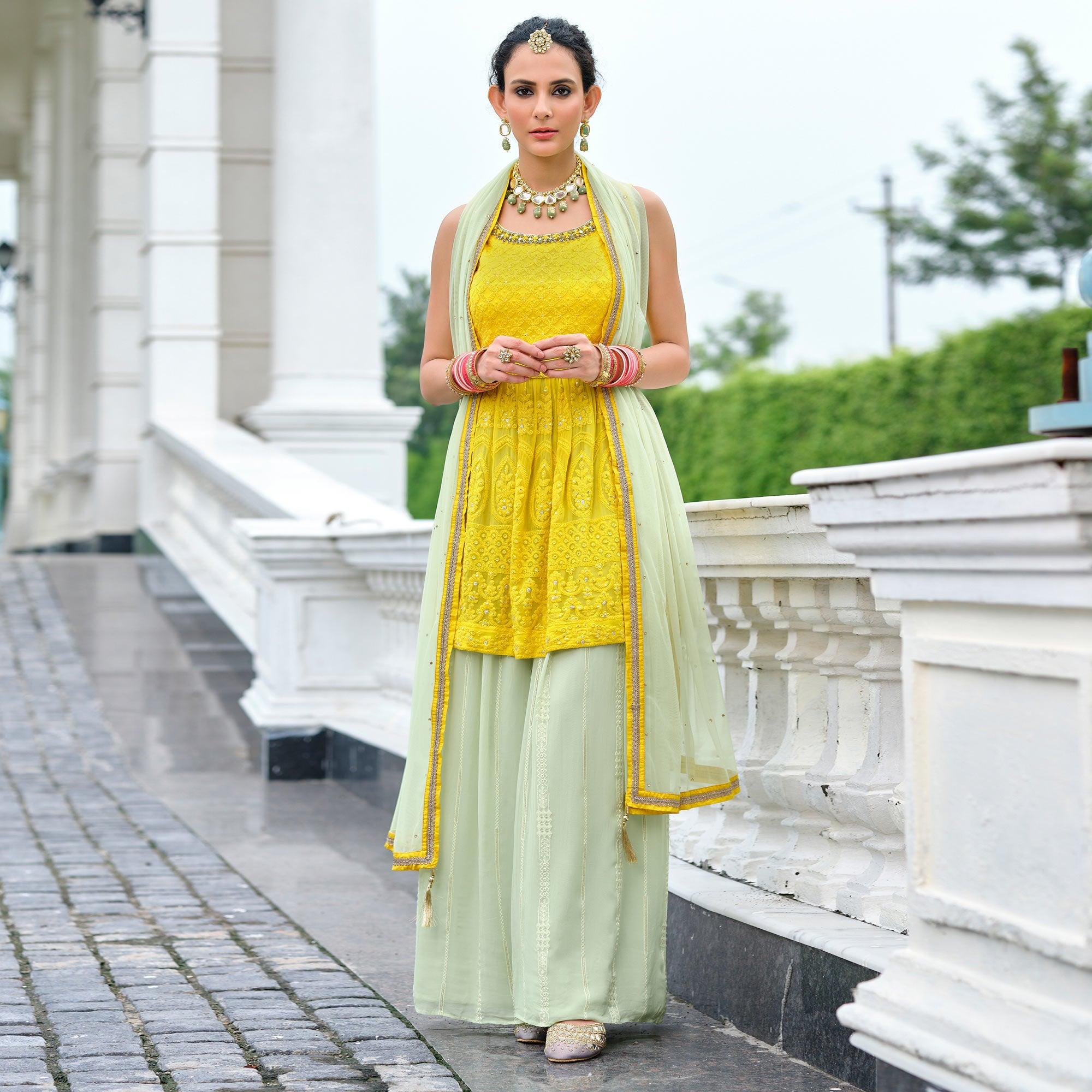 Yellow Partywear Sequence Embroidered Pure Viscose Kurti Sharara Set - Peachmode